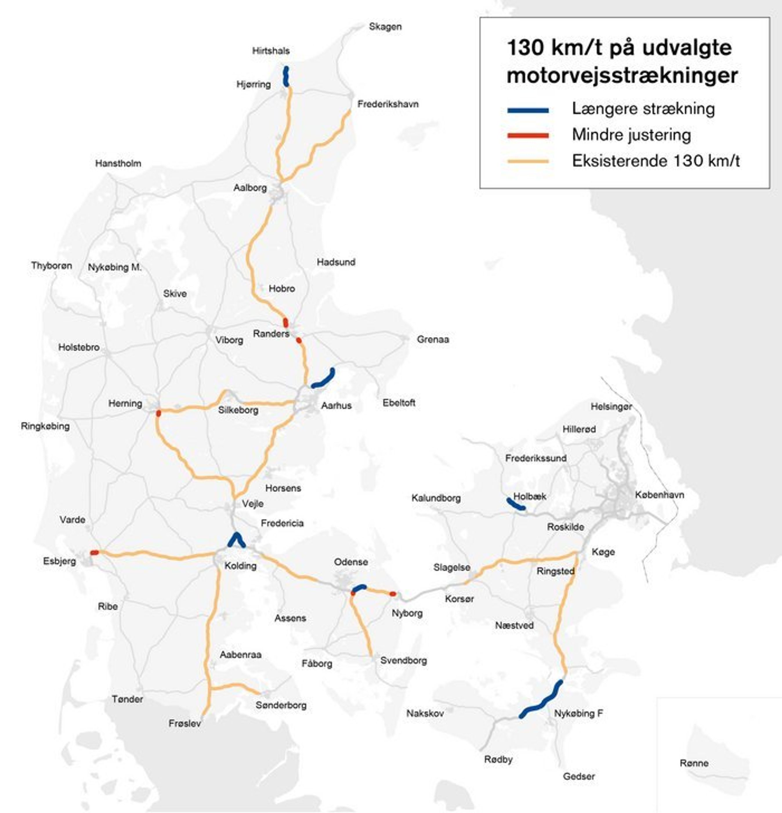 Også på en række motorvejstrækninger foreslås hastigheden sat op fra i dag 110 km/t til 130 km/t. I alt drejer det sig om 70 km landet over. (Grafik: Vejdirektoratet)