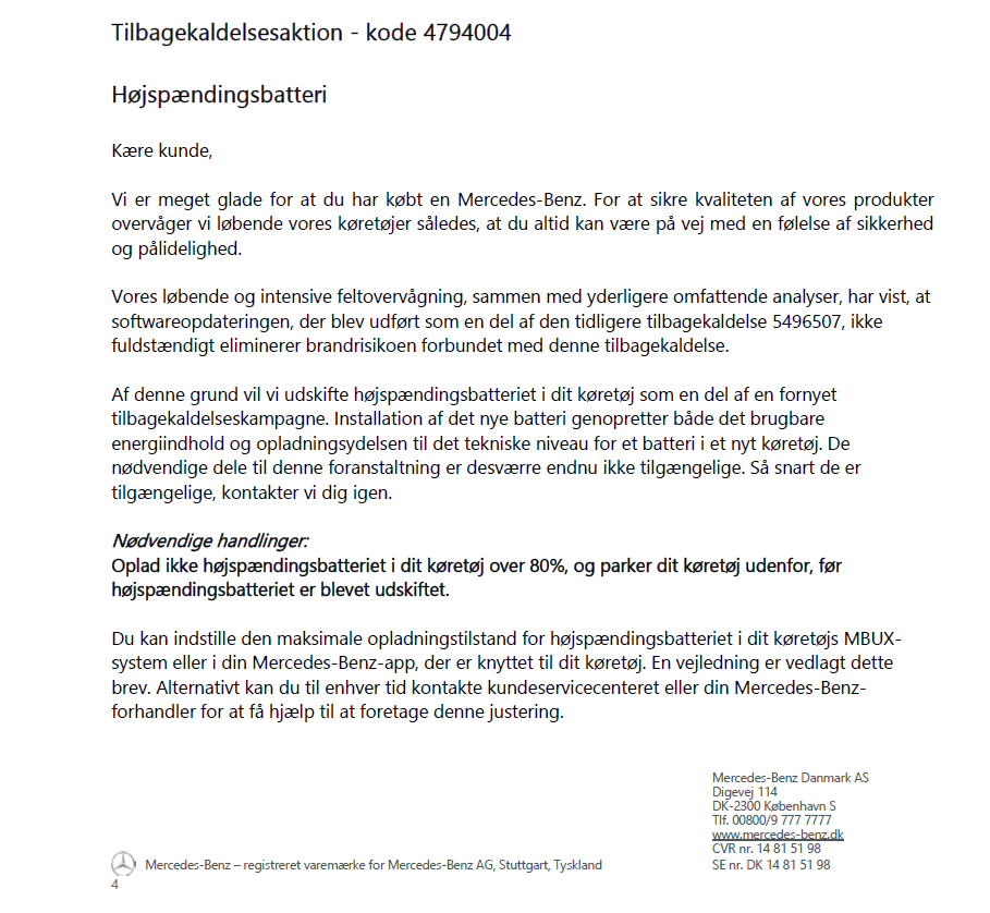 Uddrag fra tilbagekaldelse af Mercedes-Benz EQA og EQB. 