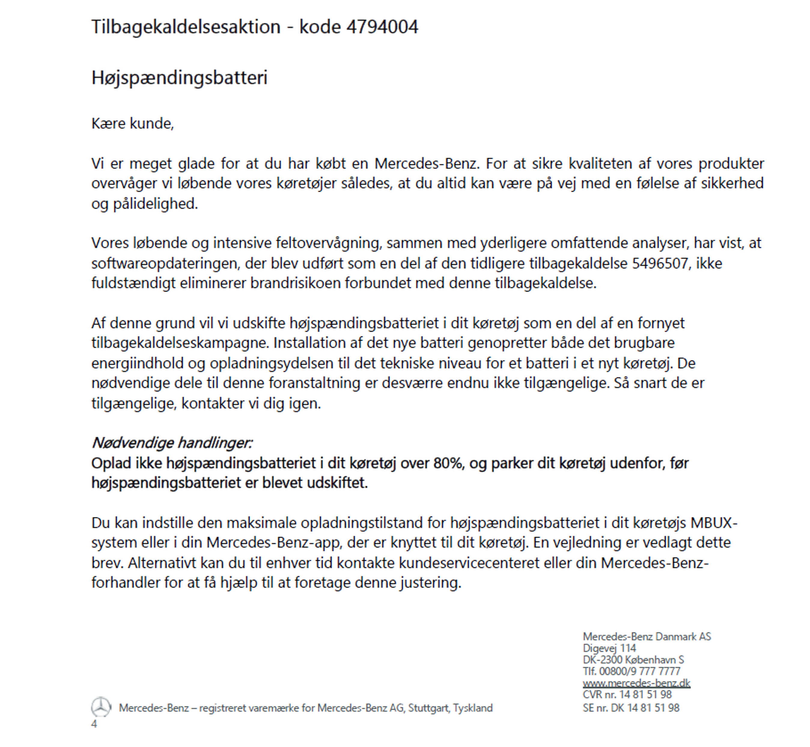 Uddrag fra tilbagekaldelse af Mercedes-Benz EQA og EQB.