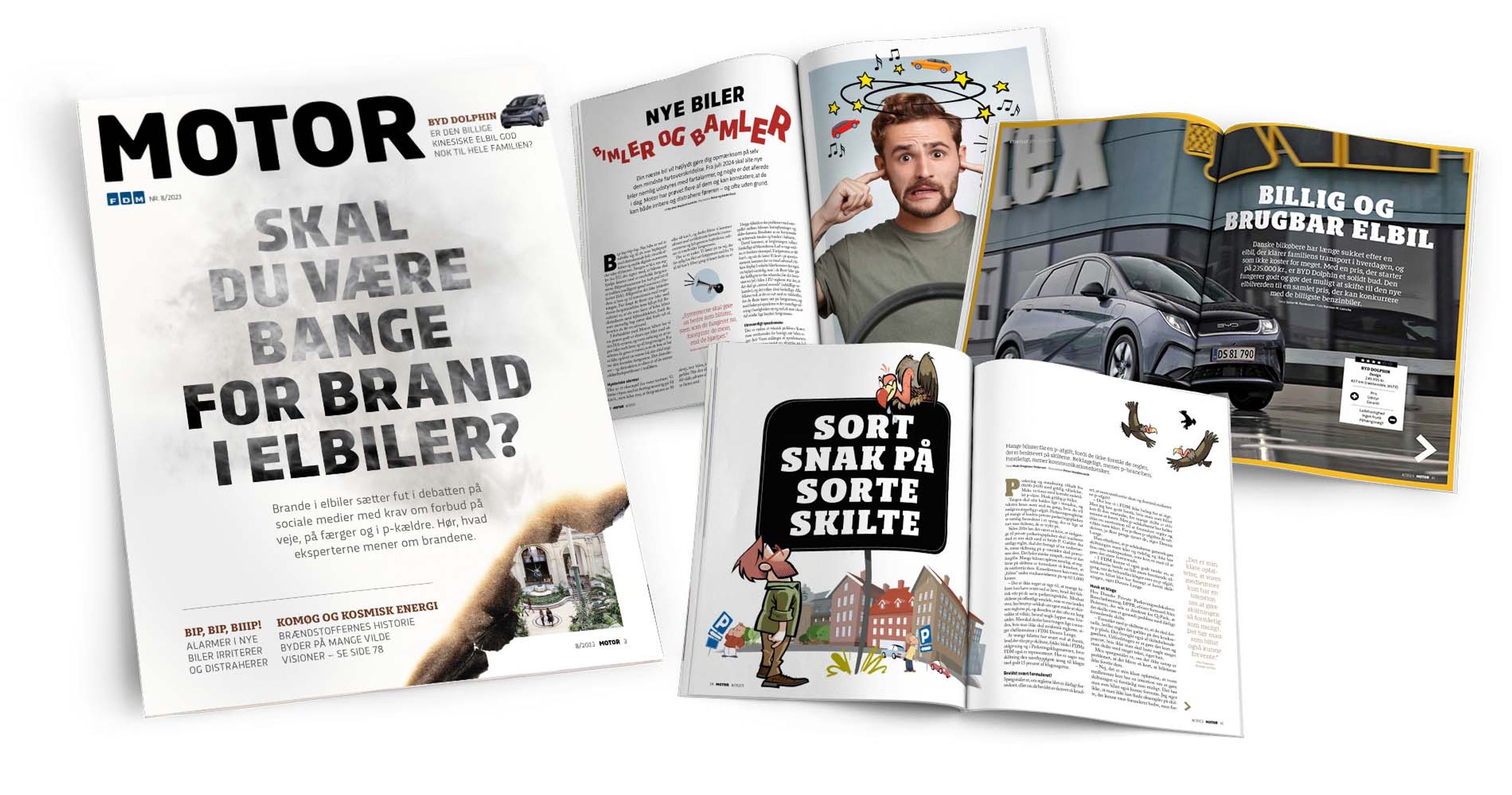 Kollage med forsiden af Motor 8/2023 og tre opslag med artikler fra magasinet.