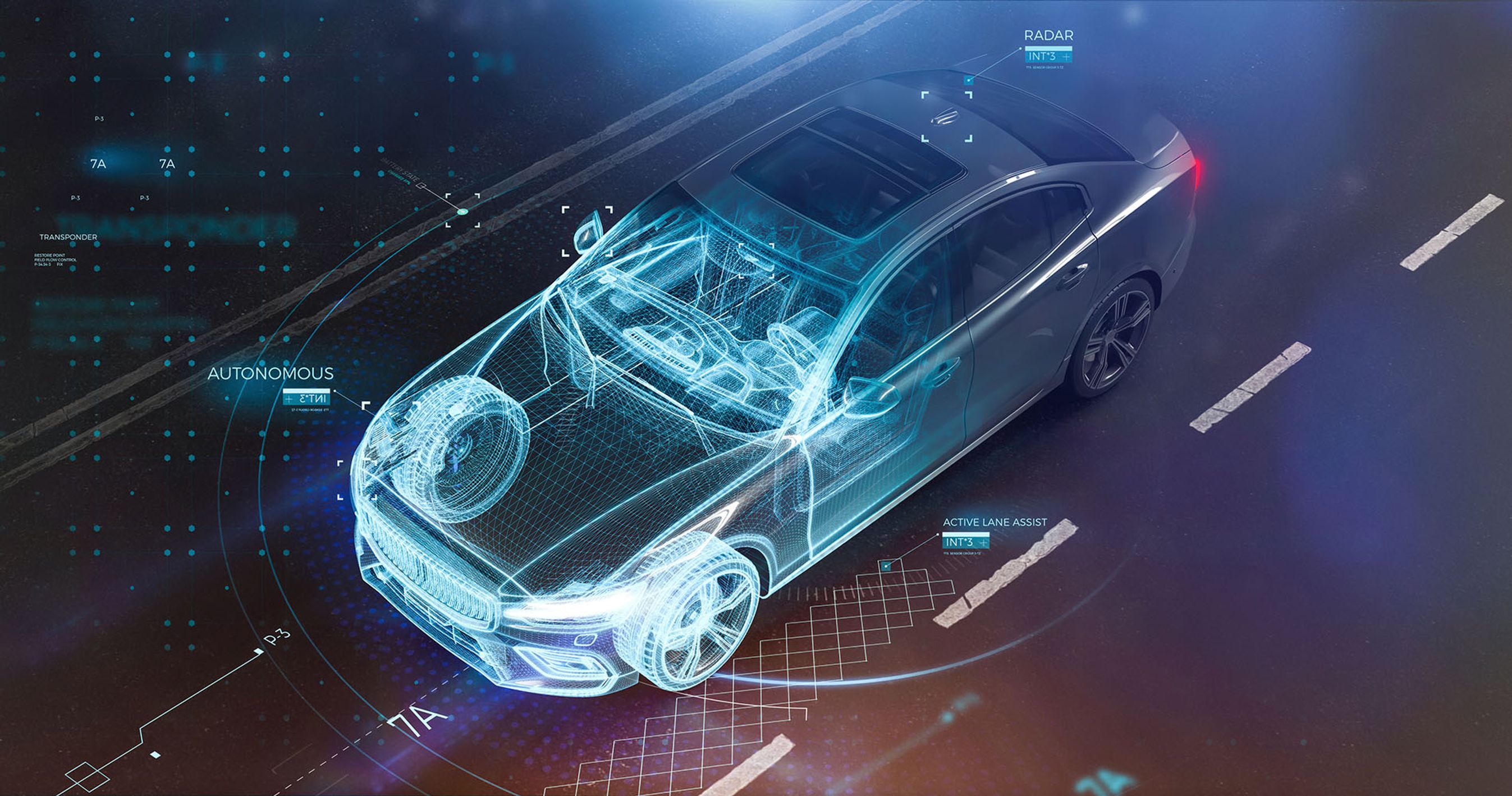 Bil vises i gennemsigtig form med en masse data omkring sig. 