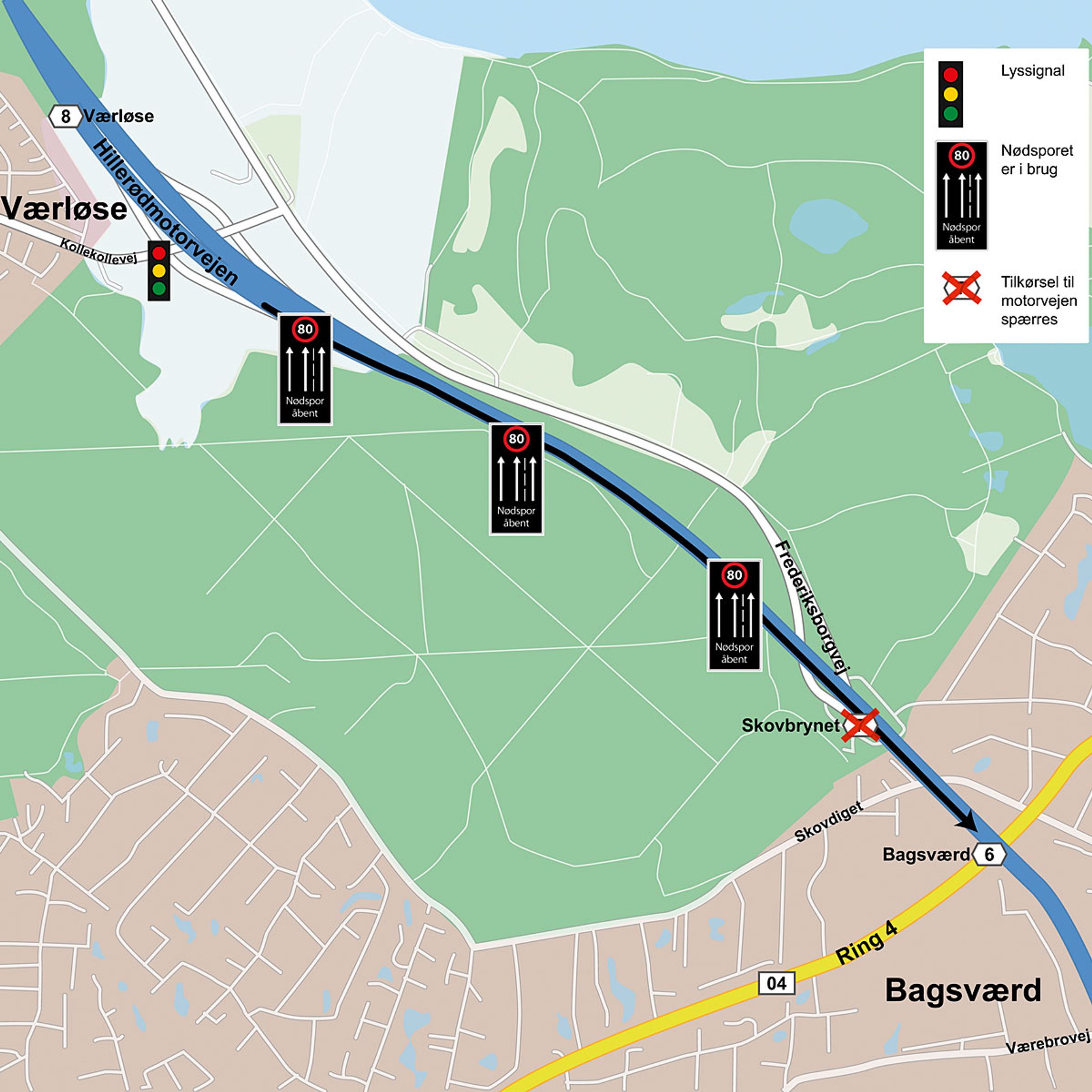 På strækningen mellem tilkørsel 8 og tilkørsel 6 på Hillerødmotorvejen bliver nødsporet som forsøg givet fri til bilisterne men kun i morgenmyldretiden. Tilkørsel 7 spærres samtidig.