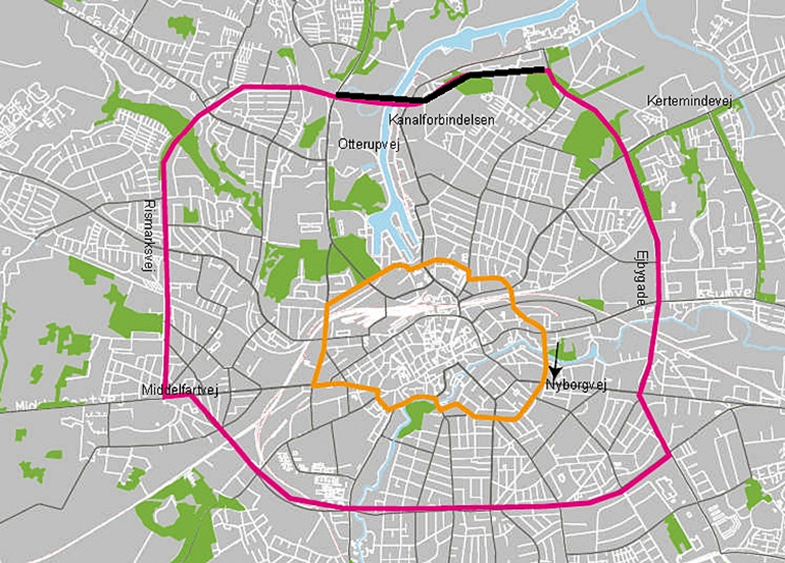 Kanalforbindelsen (med sort) fuldender Ring 2 (med rødt) rundt om Odense.
