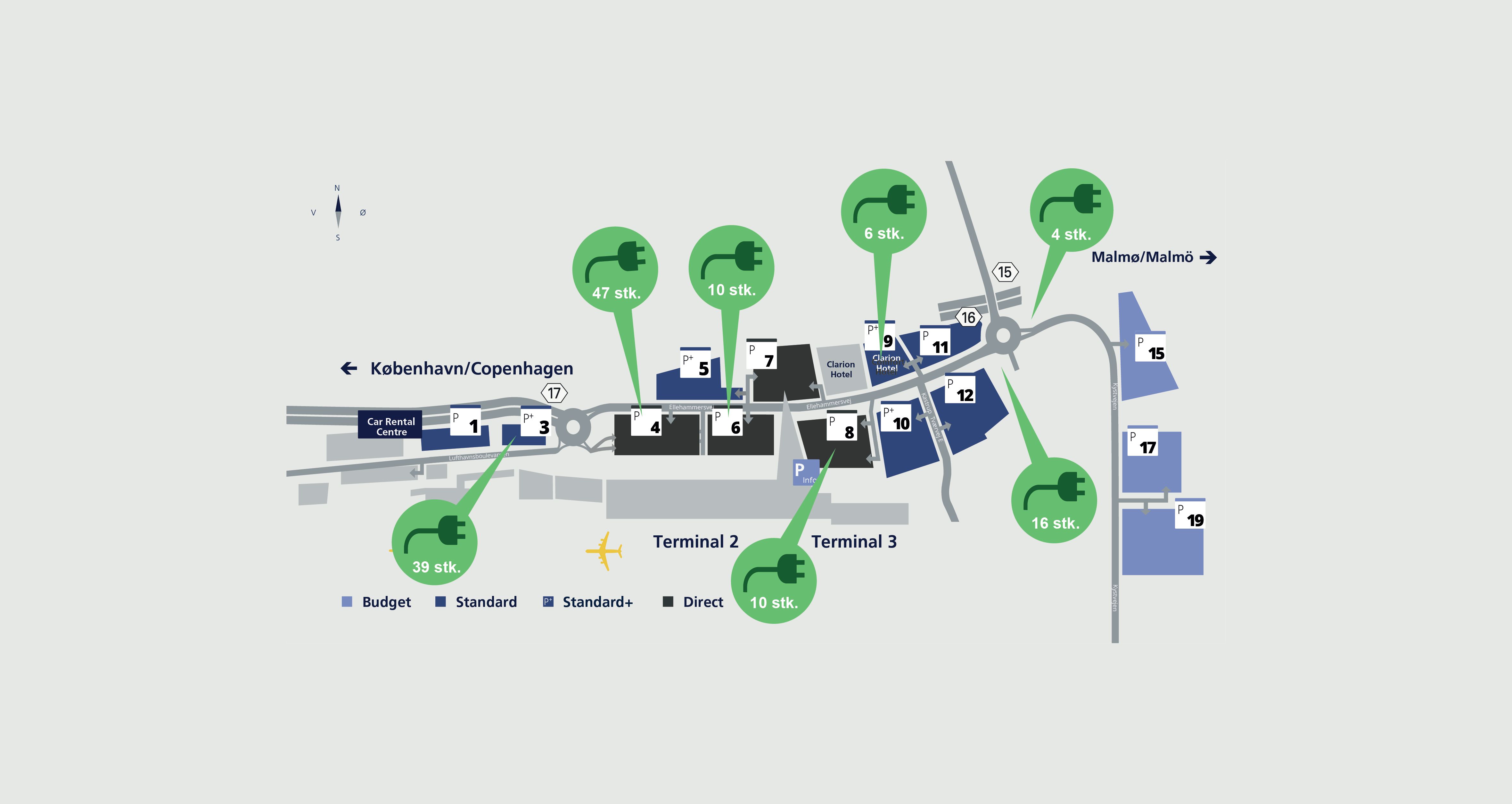 Oversigt over ladestandere ved Københavns lufthavn
