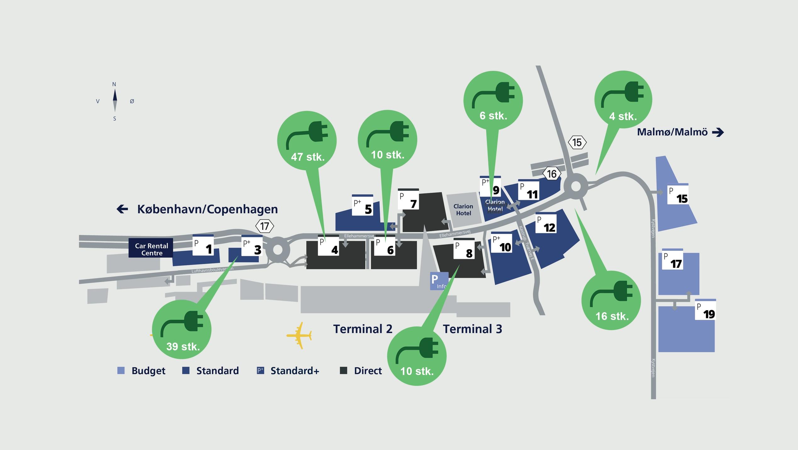 Oversigt over ladestandere ved Københavns lufthavn