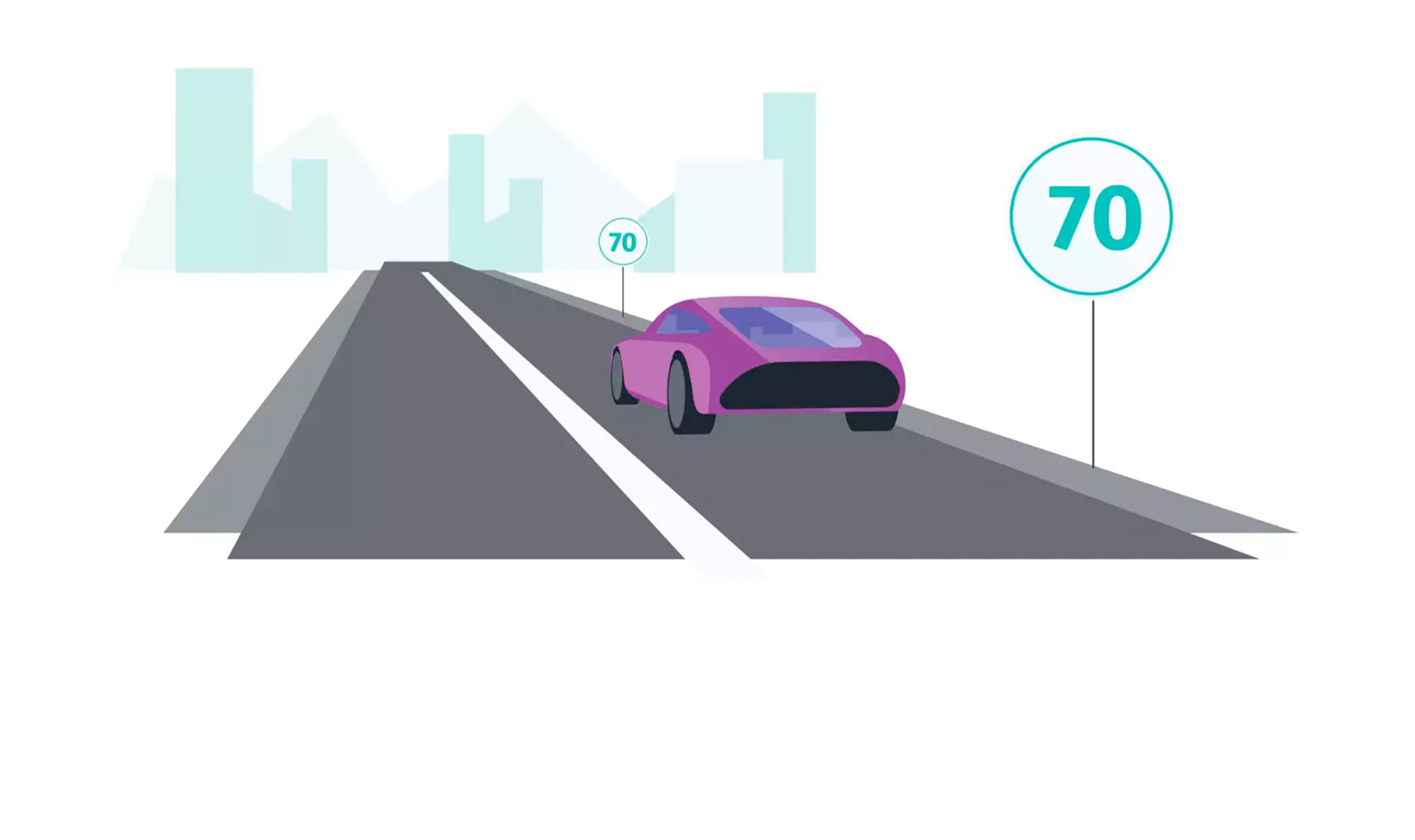 Tegning med bil på asfalt og farttavle i forgrunden.