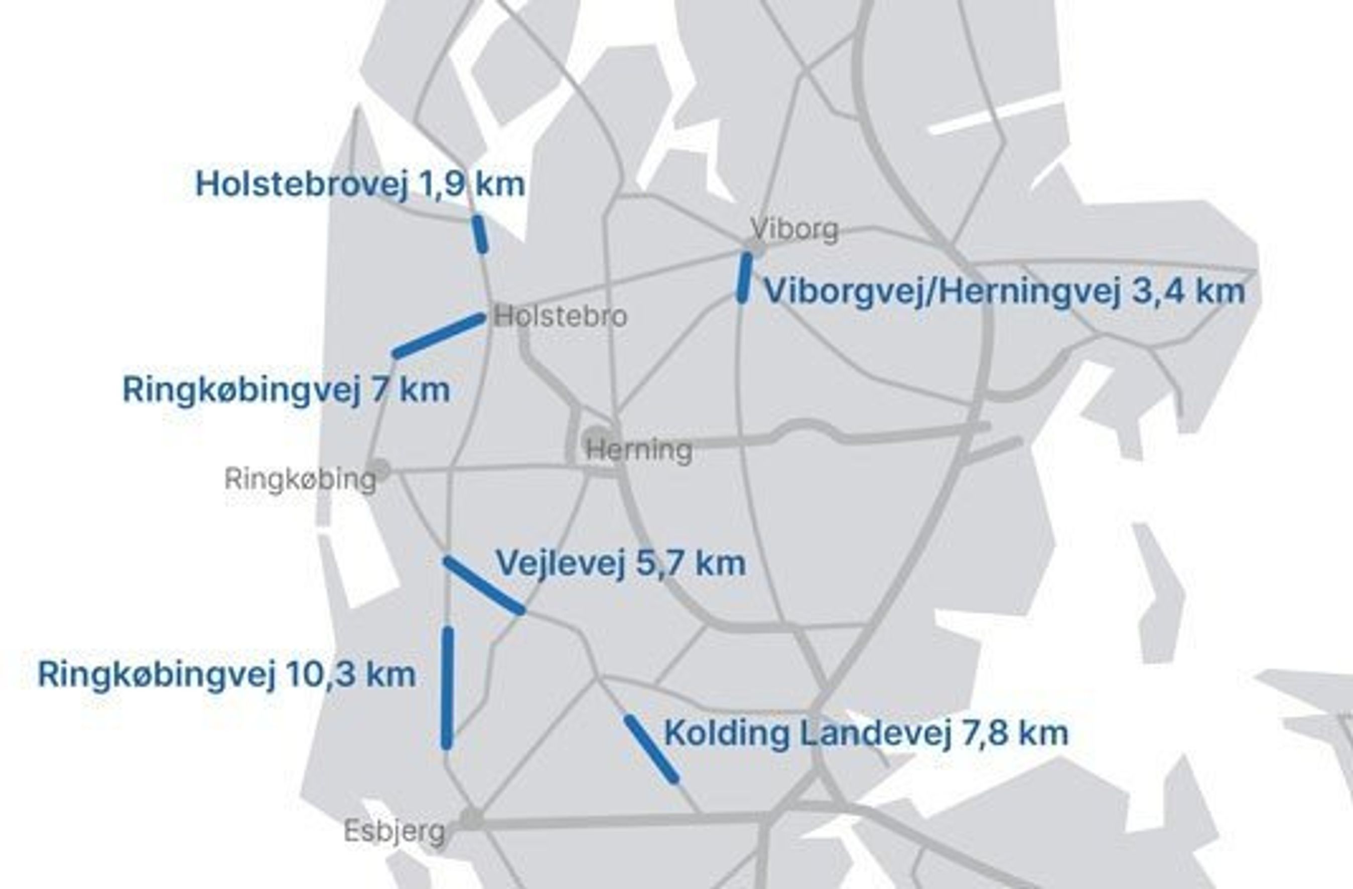 Man skal køre i Midt/Sydjylland for at opleve de nye miniskilte. De findes her: Ringkøbingvej, vest for Holstebro Kolding Landevej mellem Hejnsvig og Vorbasse Ringkøbingvej, mellem Lyne og Varde Holstebrovej, mellem Struer og Holstebro Vejlevej, mellem Tarm og Hoven Viborgvej/Herningvej, mellem Viborg og Karup.