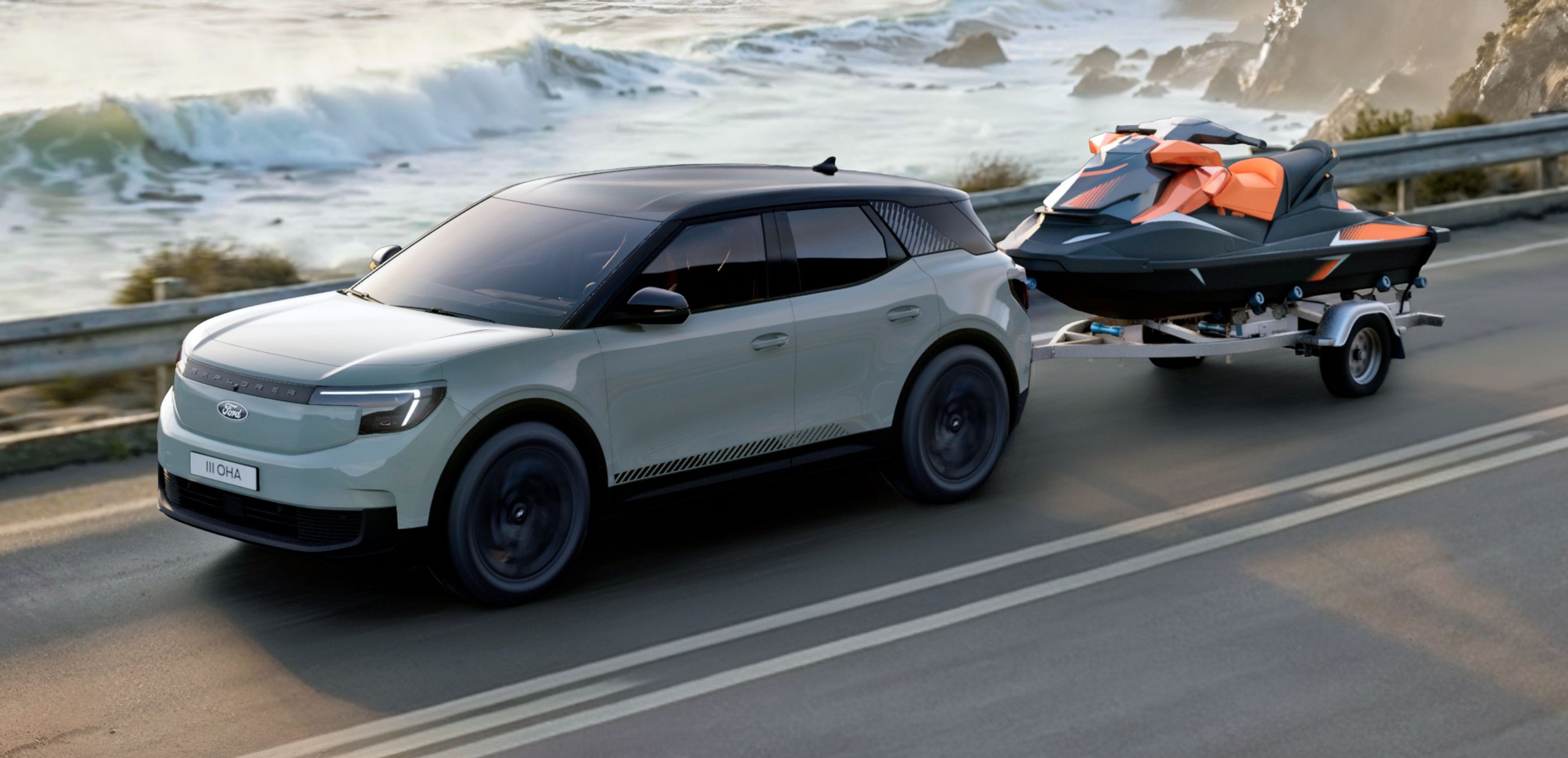 Ford Explorer på bjergvej med båd på slæb.