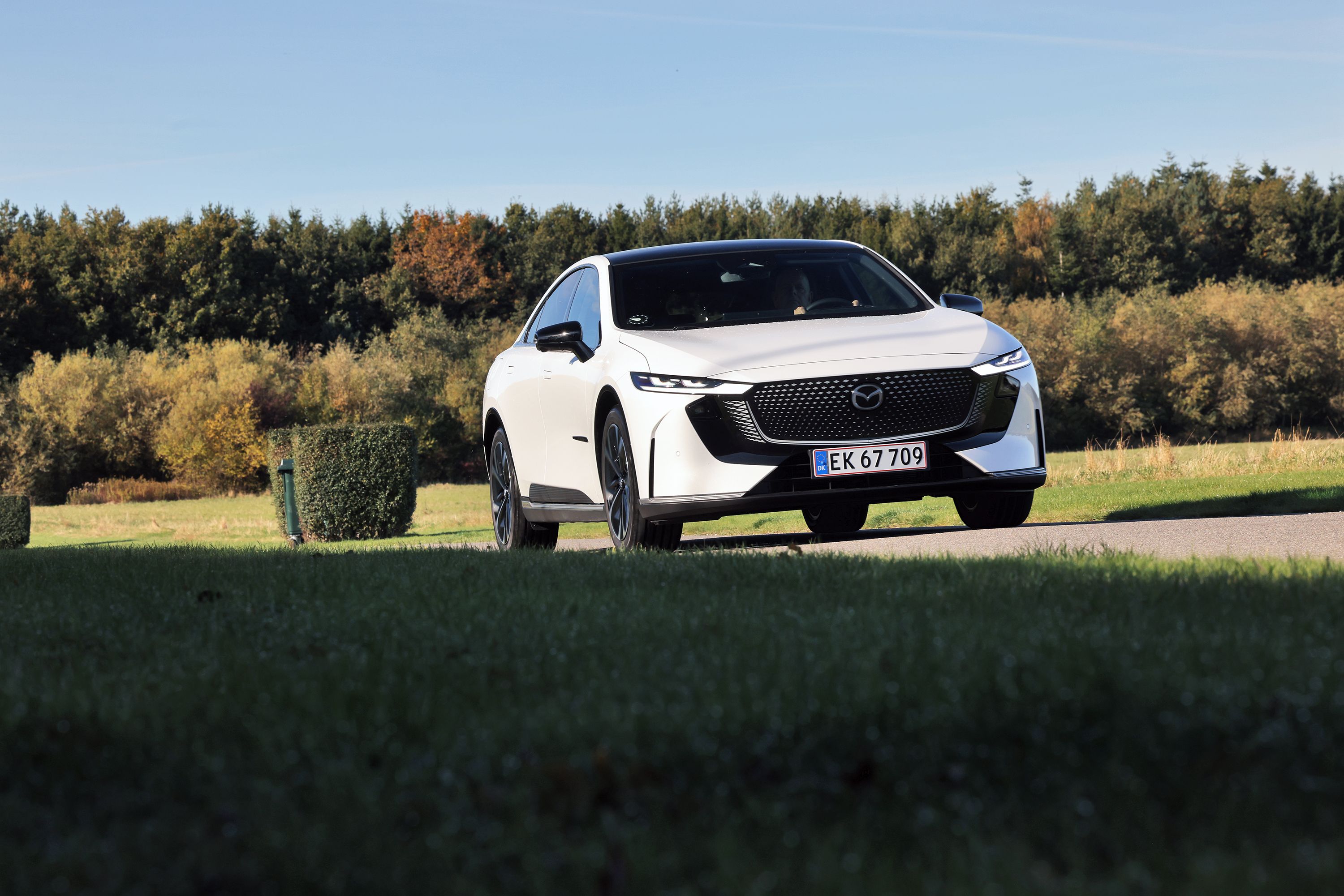 Mazda 6e set forfra, mens den kører på vej med efterårstræer i baggrunden