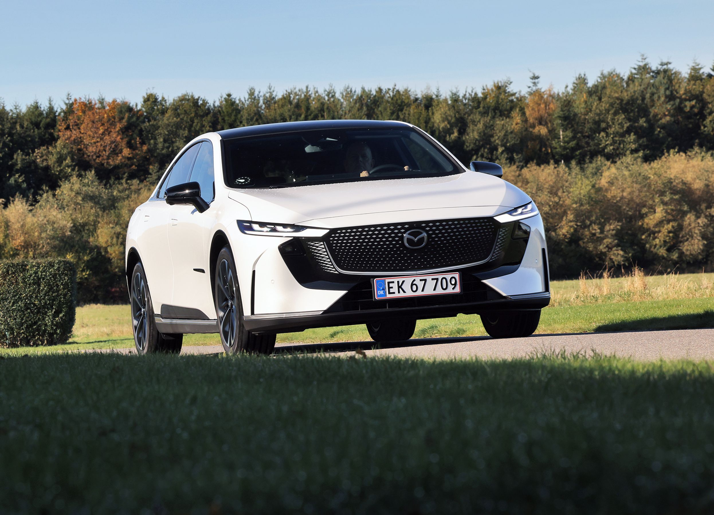 Mazda 6e set forfra, mens den kører på vej med efterårstræer i baggrunden