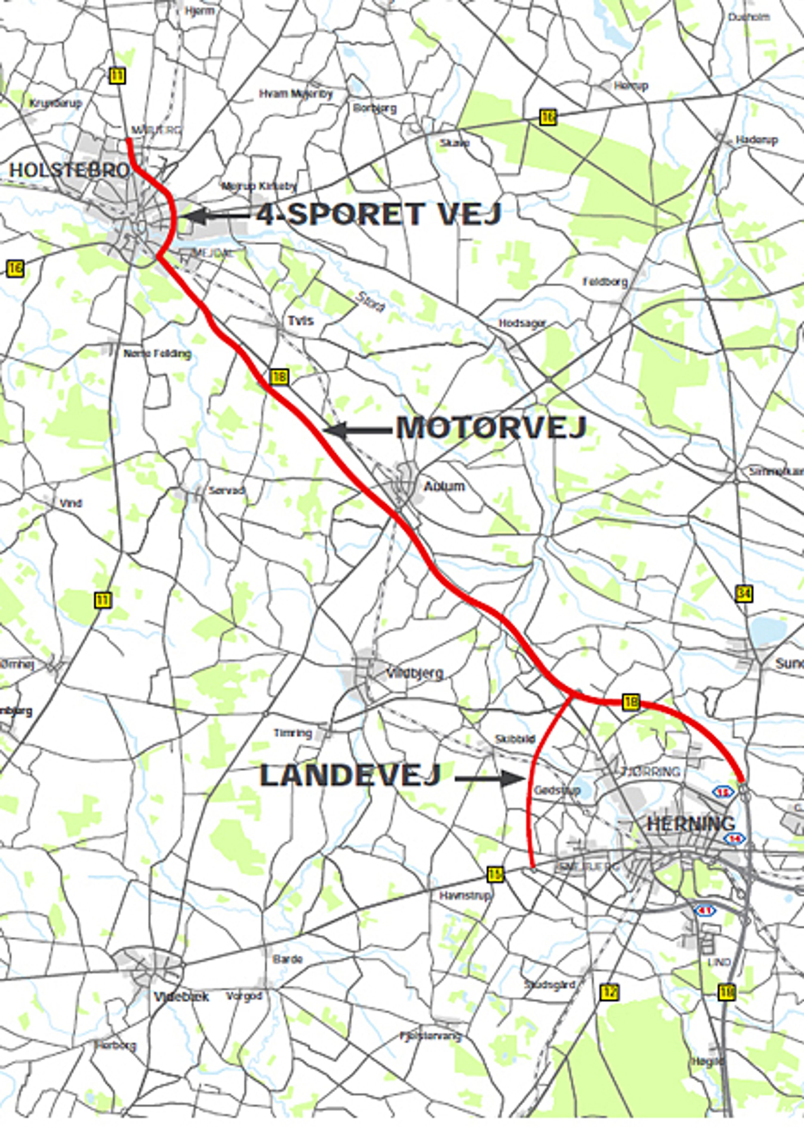 Alternativ 1 indeholder en udbygning af ringvejen i Holstebro. Samlet pris: 2,7 mia. kr.
