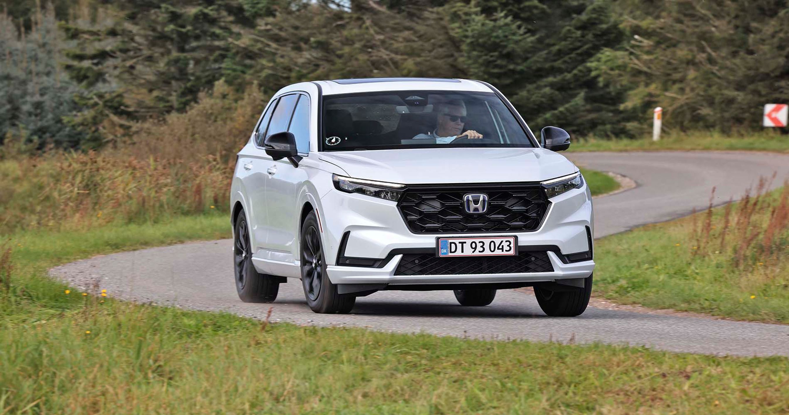 Plugin-hybriden Holda CR-V kører på en landevej med græs i forgrunden