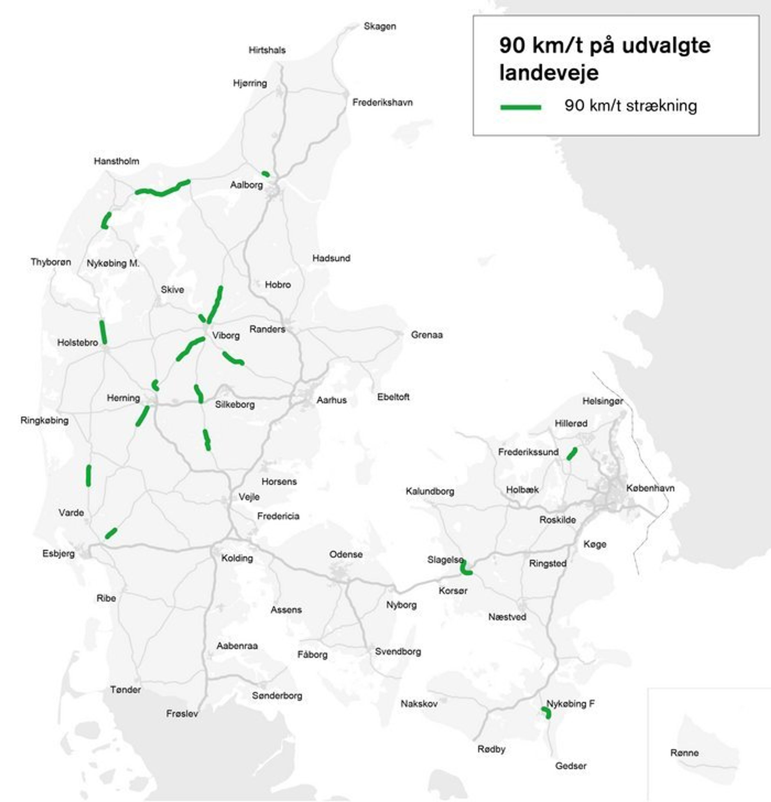 Regeringen foreslår at hæve hastighedsgrænsen fra 80 km/t til 90 km/t på en række udvalgte landeveje rundt om i landet. I alt drejer det sig om 150 km strækning, som Vejdirektoratet har vurderet var sikre nok. (Grafik: Vejdirektoratet)