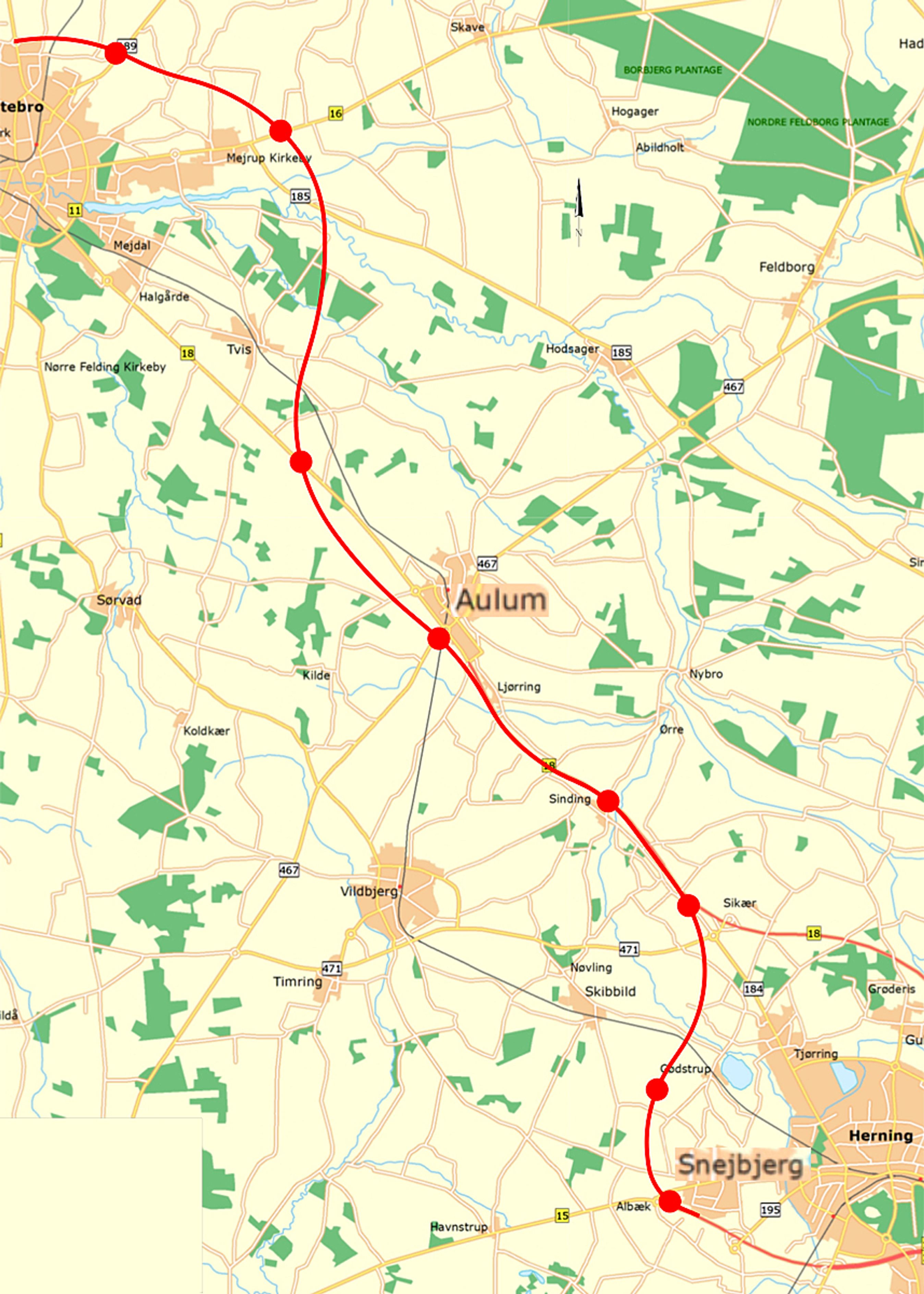 Holstebromotorvejen skal gå fra sydvest for Herning til nord for Holstebro. Første etape, der skal åbne i foråret 2017, er den sydligste del og bliver 16 km lang. Denne del får tre tilslutninger. Kort: Vejdirektoratet