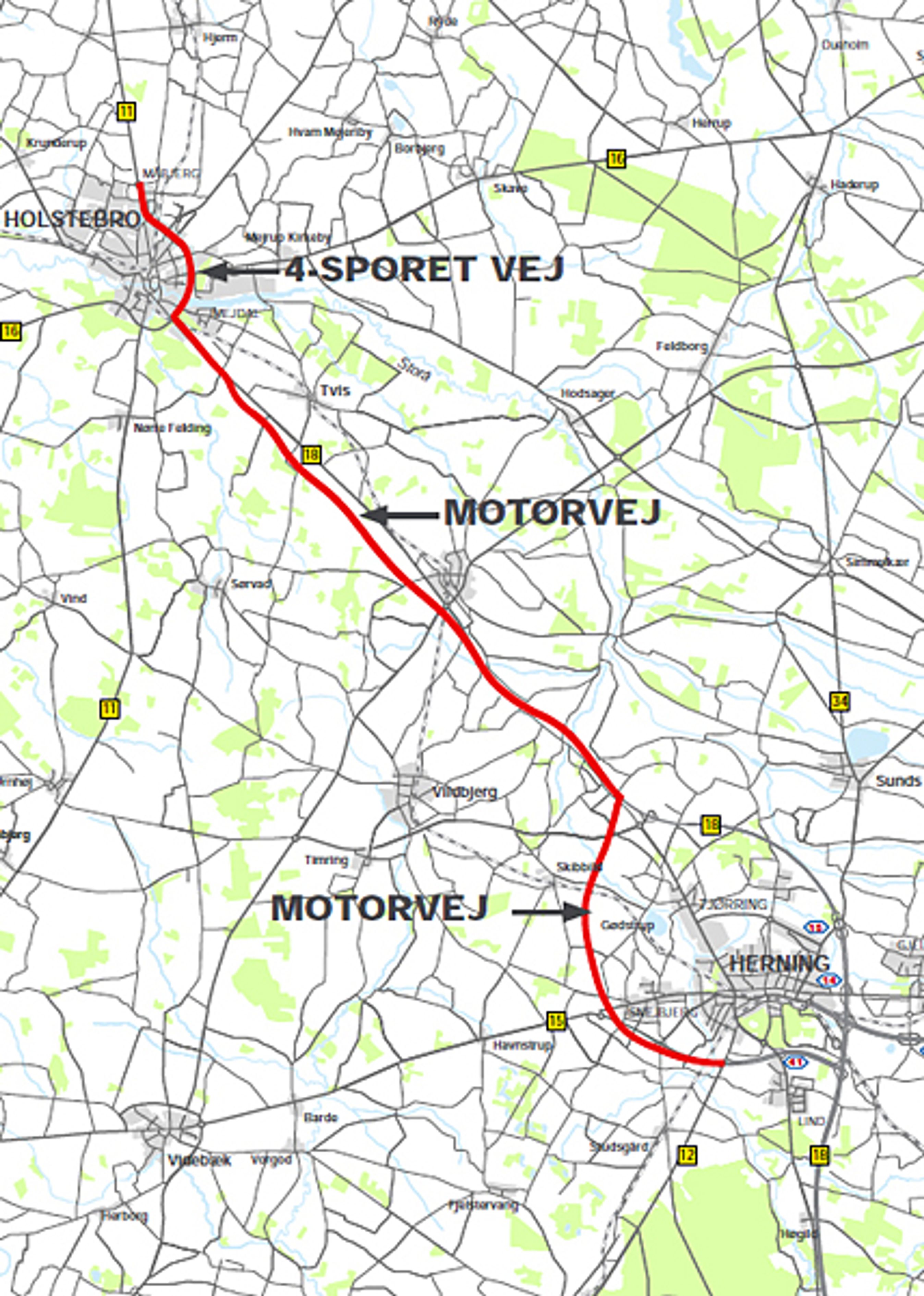I alternativ 3 føres motorvejen forbi det nye regionssygehus nordvest for Herning og går vest om Herning. Pris: 3,2 mia. kr.