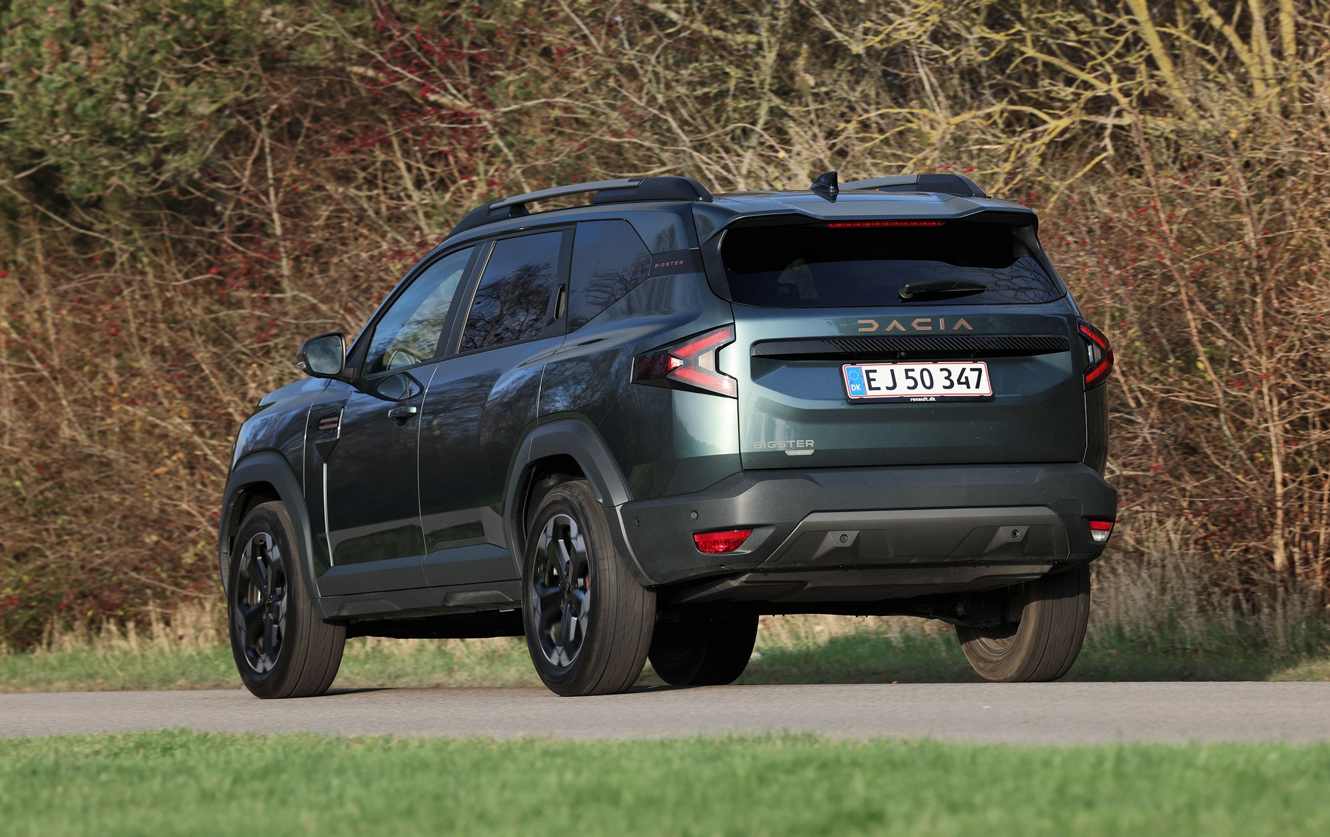 Dacia Bigster set bagfra med buske i baggrunden