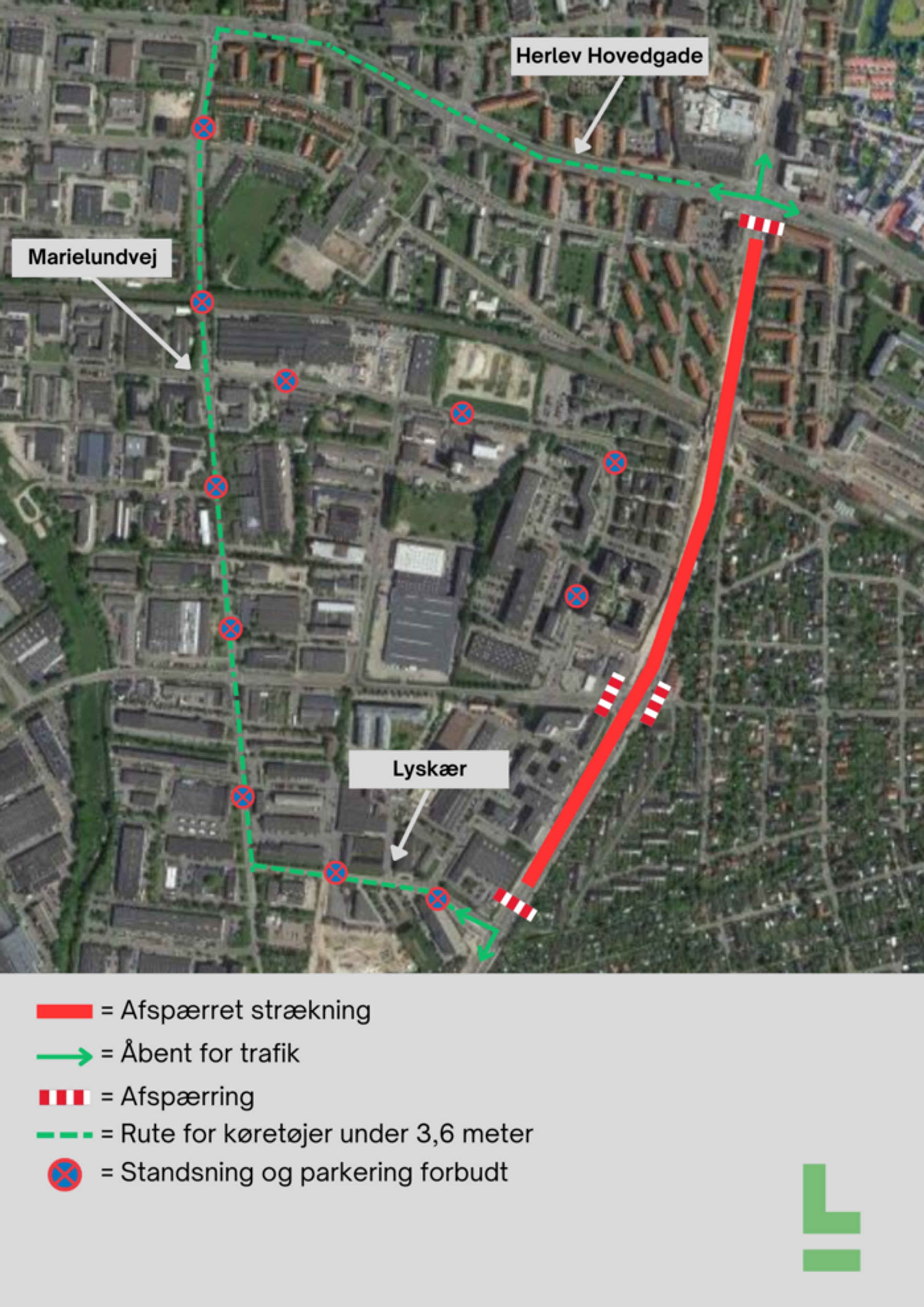 Kort over omkørsel i Herlev for køretøjer under 3,6 meter