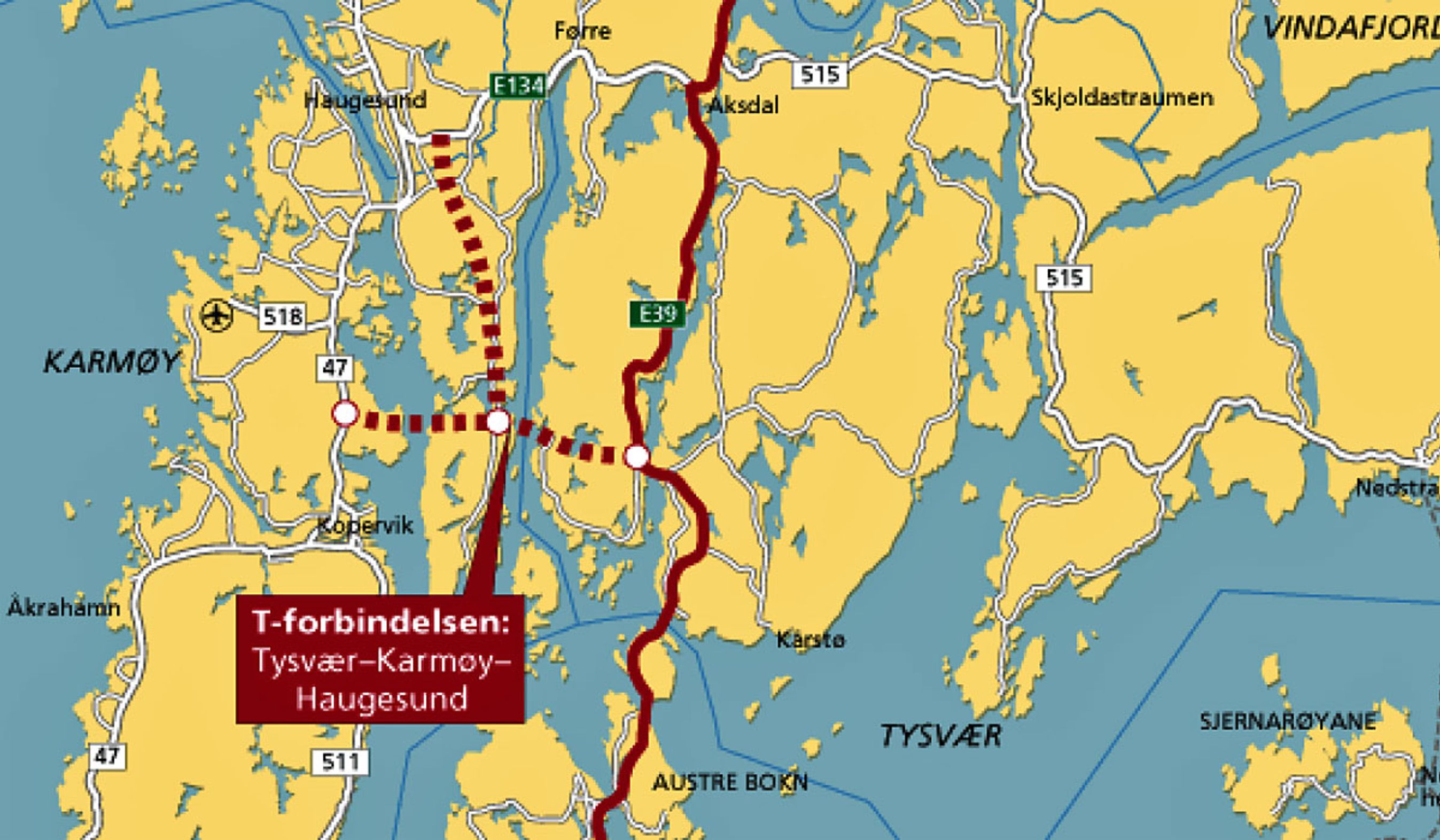 "T-forbindelsen syd for Haugesund består af tre veje, der mødes i en rundkørsel.