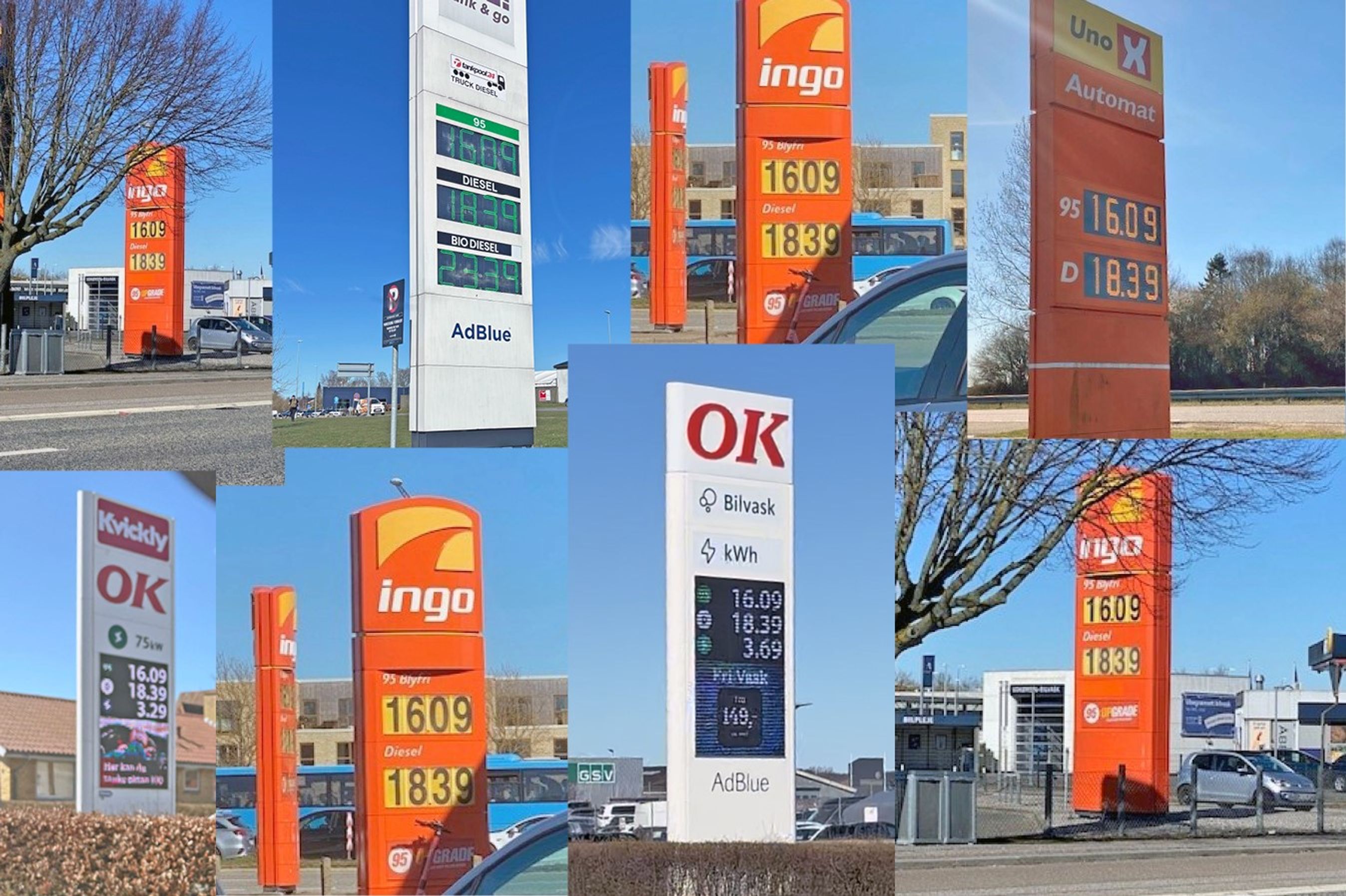 Collage af prisstandere på tankstationer
