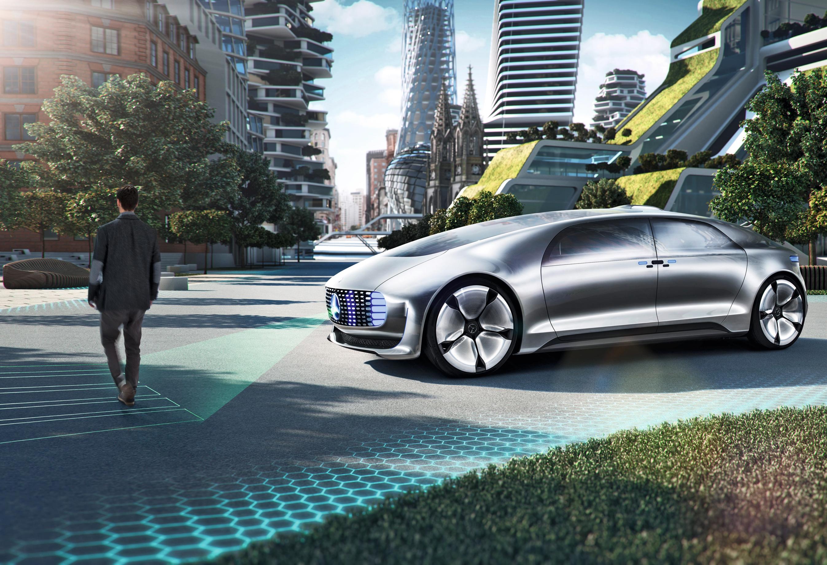 Illustration af en selvkørende bil, der kommunikerer med fodgænger med lys på vejen