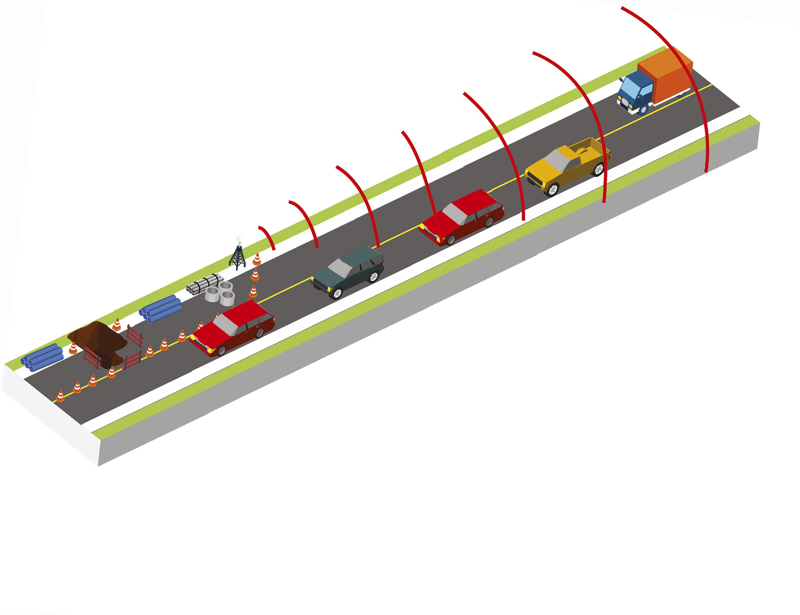 En lille FM-sender ved selve vejarbejdet sender til bilradioen.