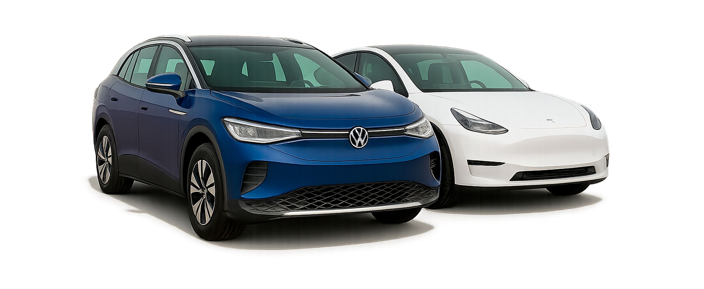 Blå VW ID.4 foran hvid Tesla Model Y.