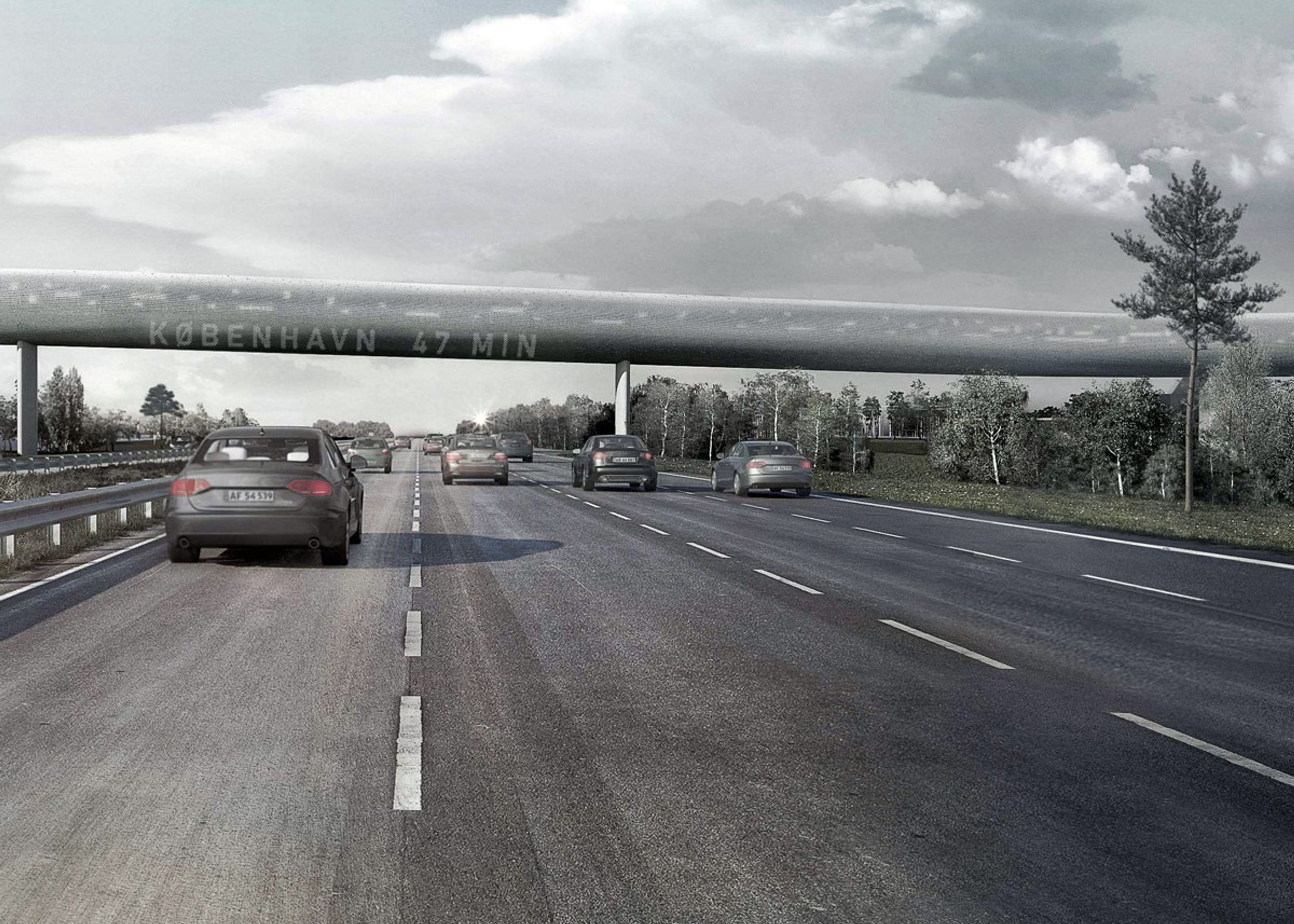 Bilister på vej mod København bliver effektivt mindet om, at her er en mulighed for at skifte til tog. Illustrationer: Cobe & Dissing+Weitling