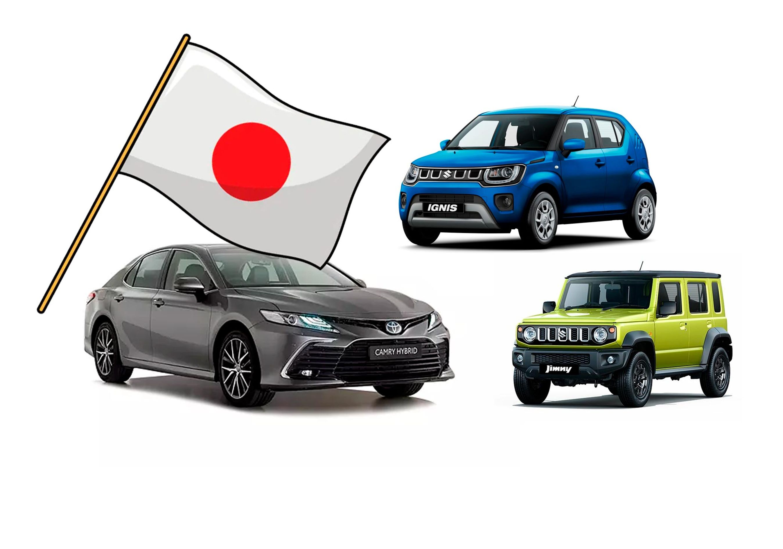 Tre bilmodeller med japansk flag.