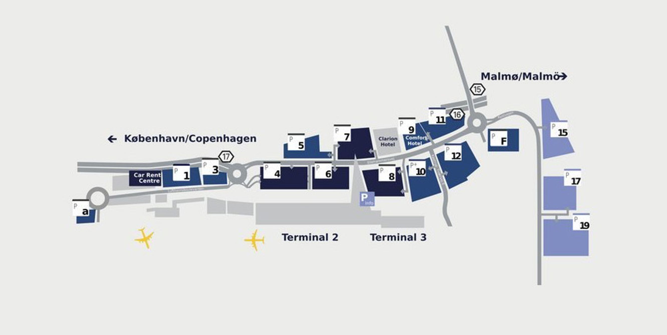 Oversigt over parkeringsanlæg ved Københavns lufthavn