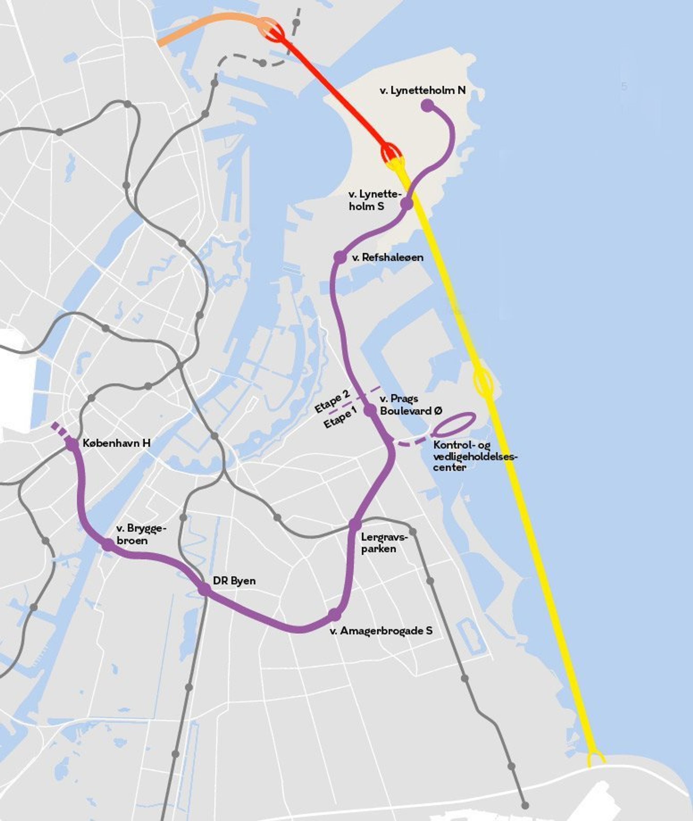 Kort over infrastruktur på og til Lynetteholm