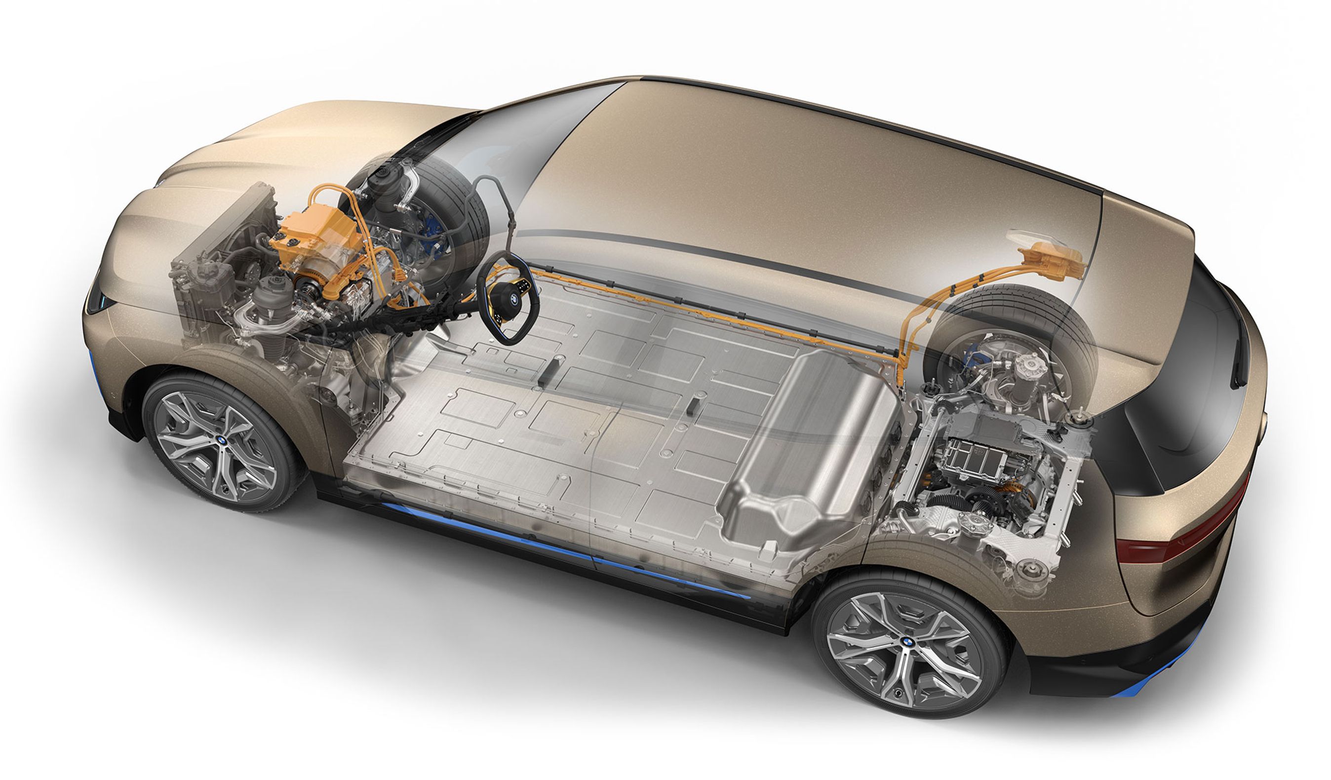 BMW siger ikke så meget om motorteknikken, men denne udgave har tilsyneladende firehjulstræk (og to motorer). Batteriet er på over 100 kWh brutto.