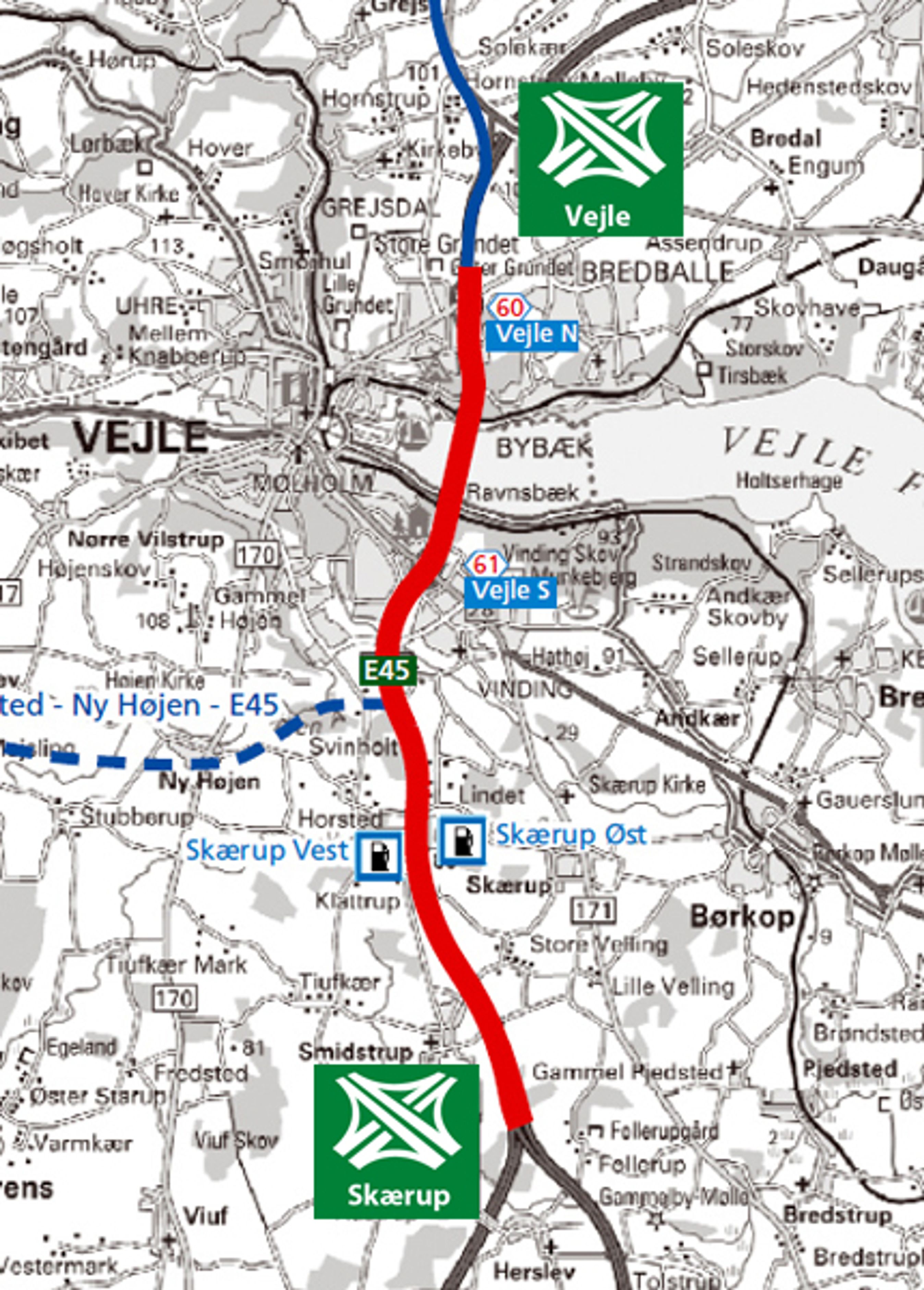 Fra midt i november er der seks brede spor på hele den 13 km lange strækning mellem motorvejskryds Skærup i syd og motorvejskryds Vejle i Nord.