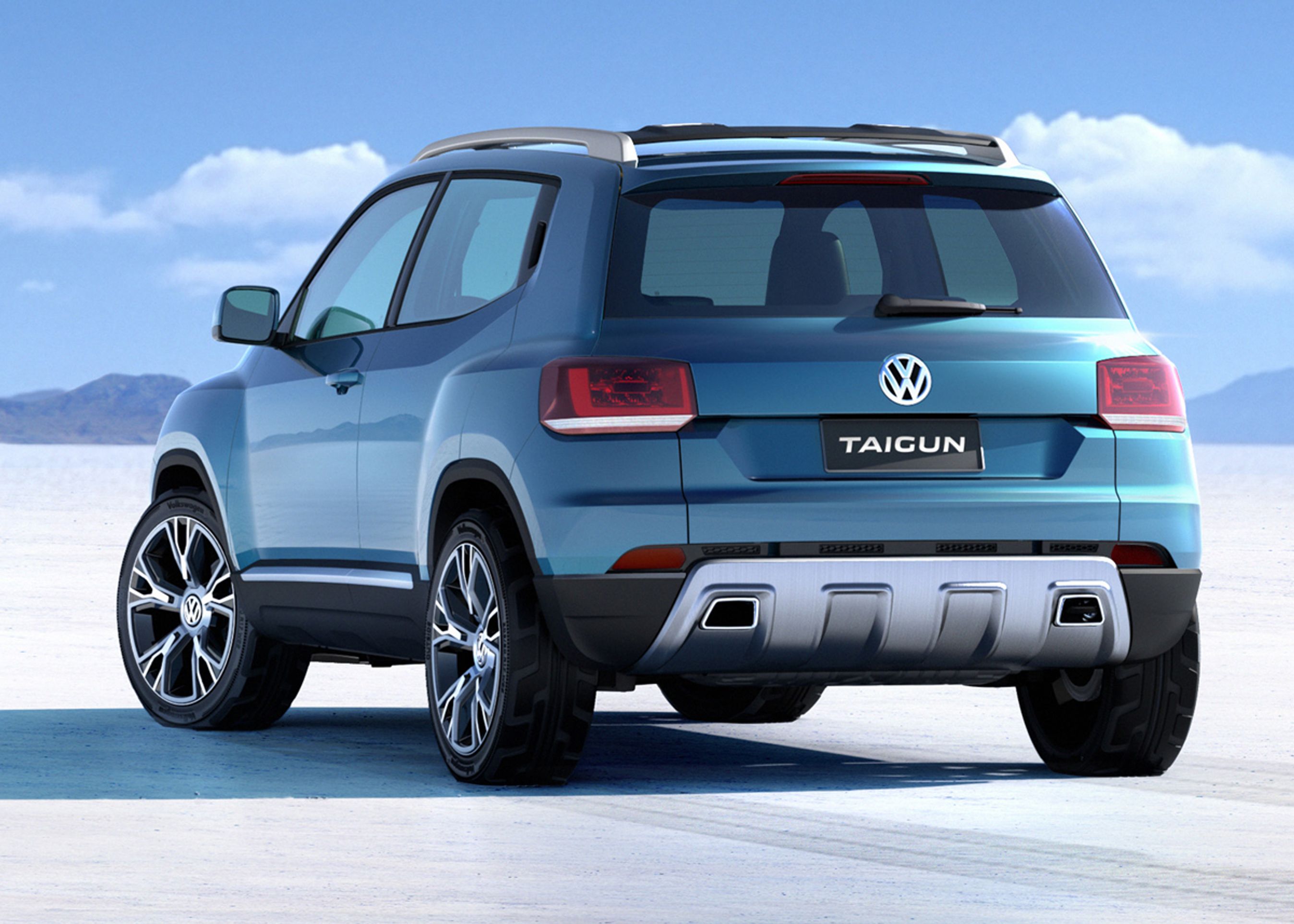 VW Taigun fremtræder stor og solid på billeder, men måler trods alt under fire meter i længden. Konceptbilen er femdørs; dørgrebene til bagdørene er søgt skjult.