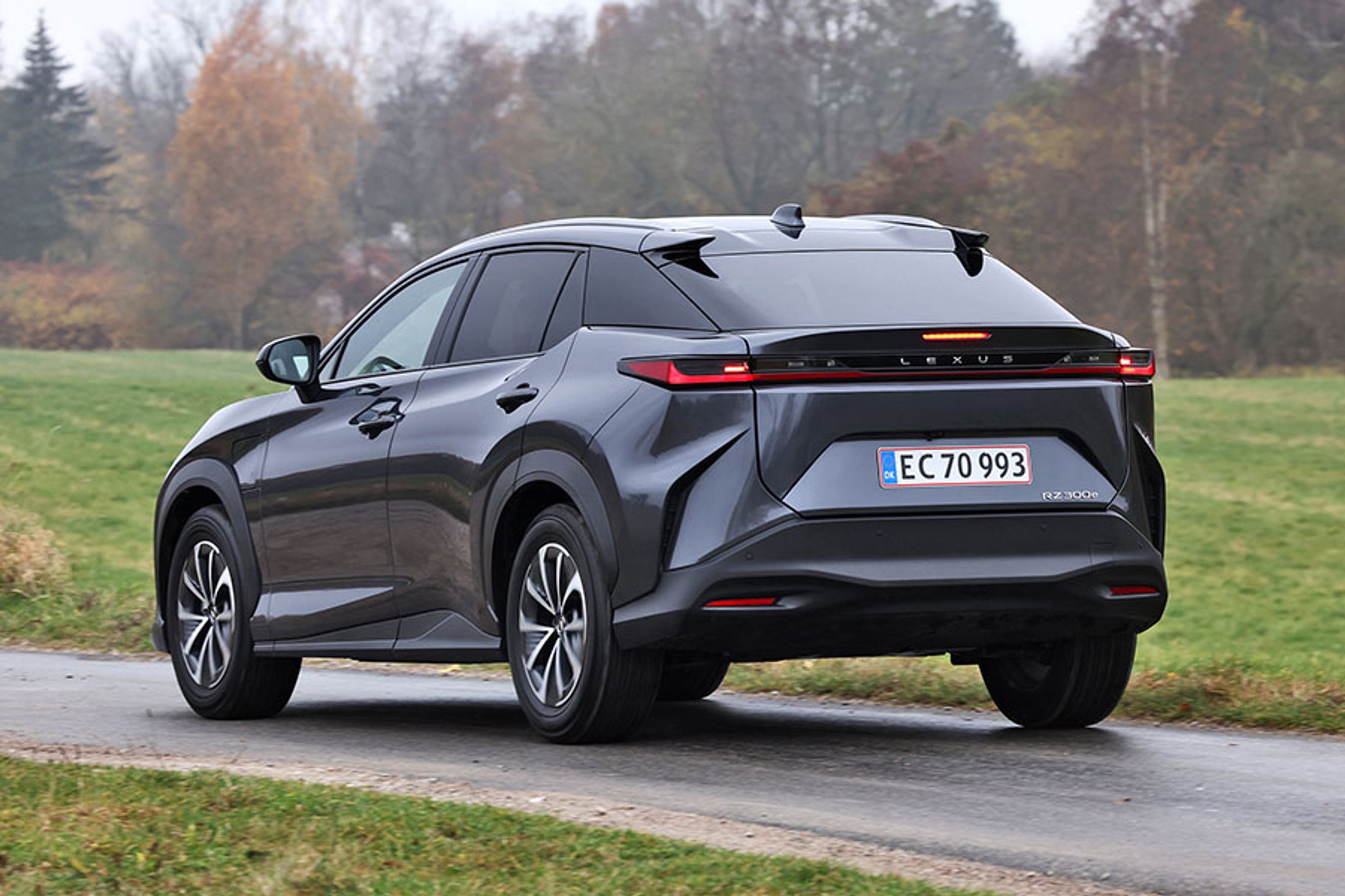 Lexus RZ set bagfra, mens den kører på landevej med græs rundt om