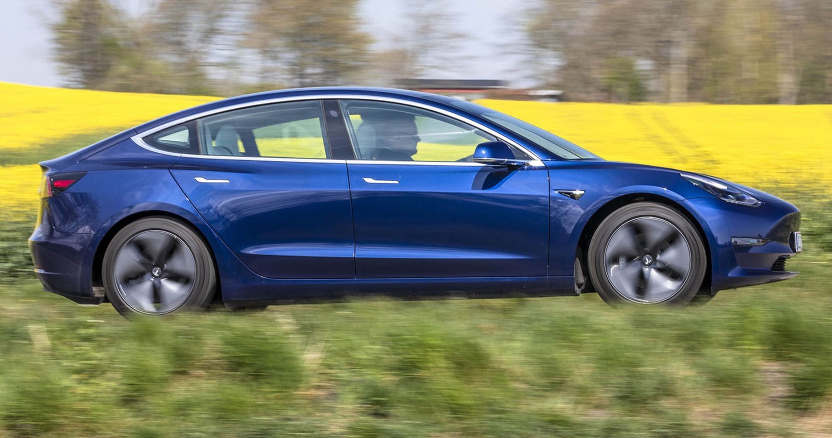 En blå Tesla Model 3 kører forbi en gul rapsmark.