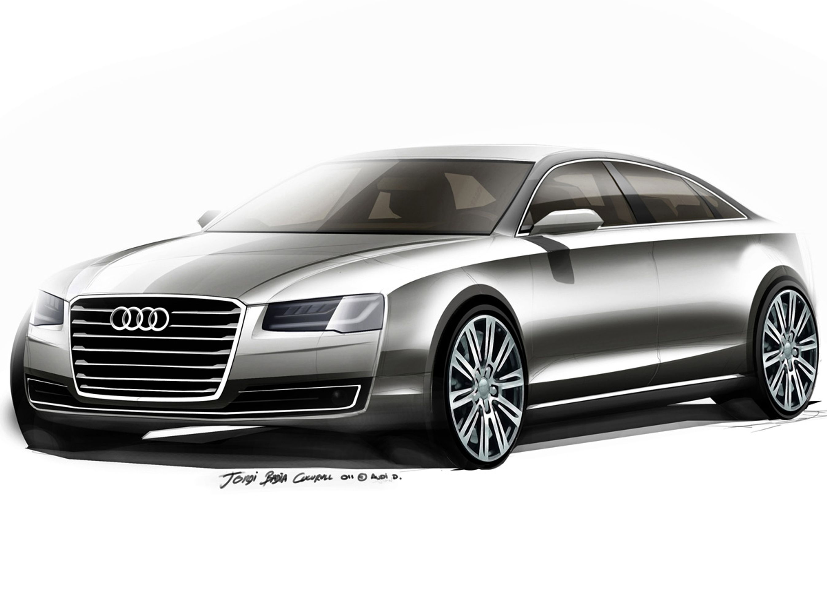 Den nye Audi A8 virker mere muskuløs end den nuværende - bedømt efter denne designskitse.