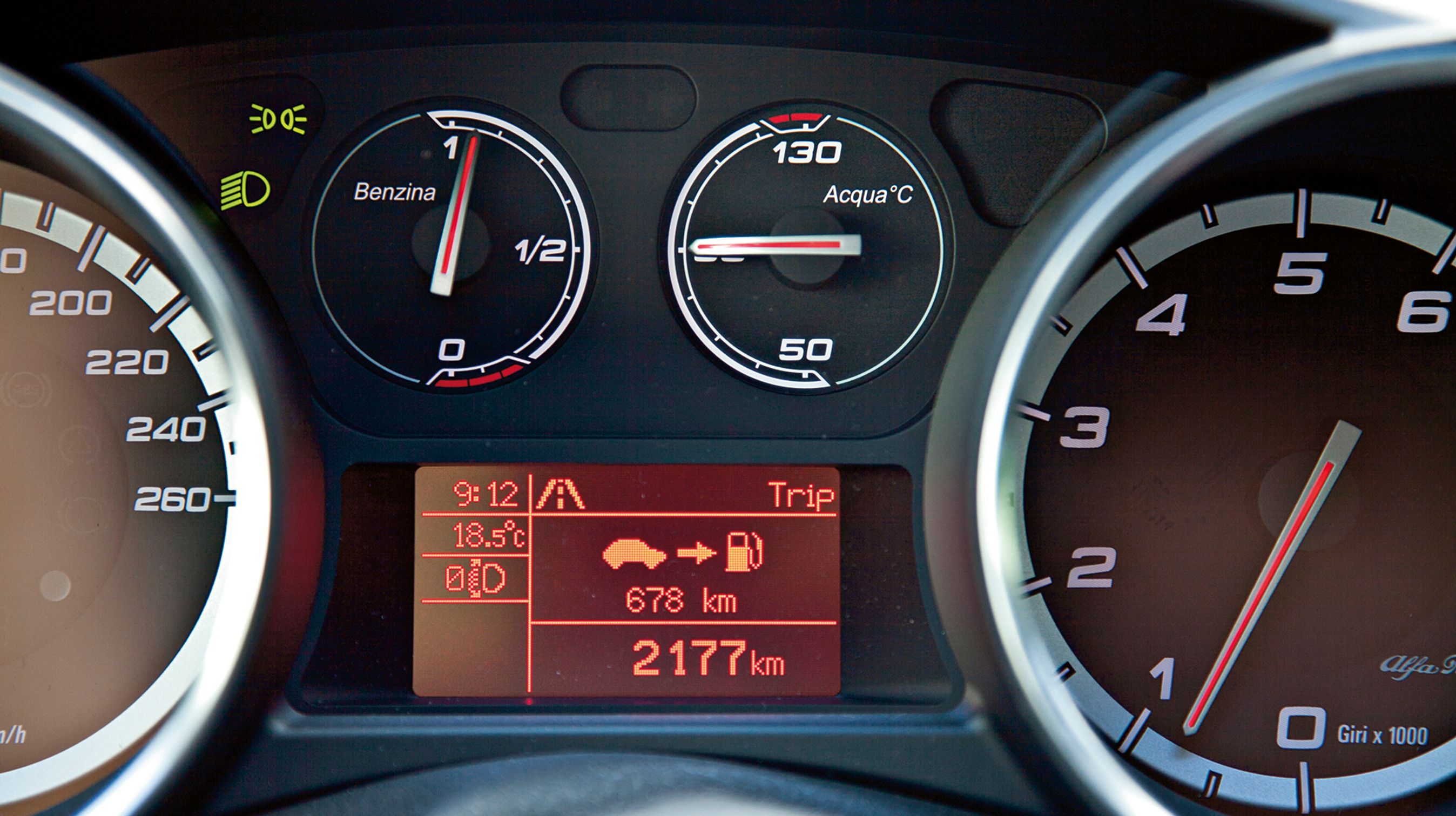 Det italienske ophav fremgår tydeligt af teksten på de små ure: Benzina og Acqua. Kørecomputeren er derimod på engelsk og giver oplysninger om udvendig temperatur, gennemsnitsforbrug samt triptæller.