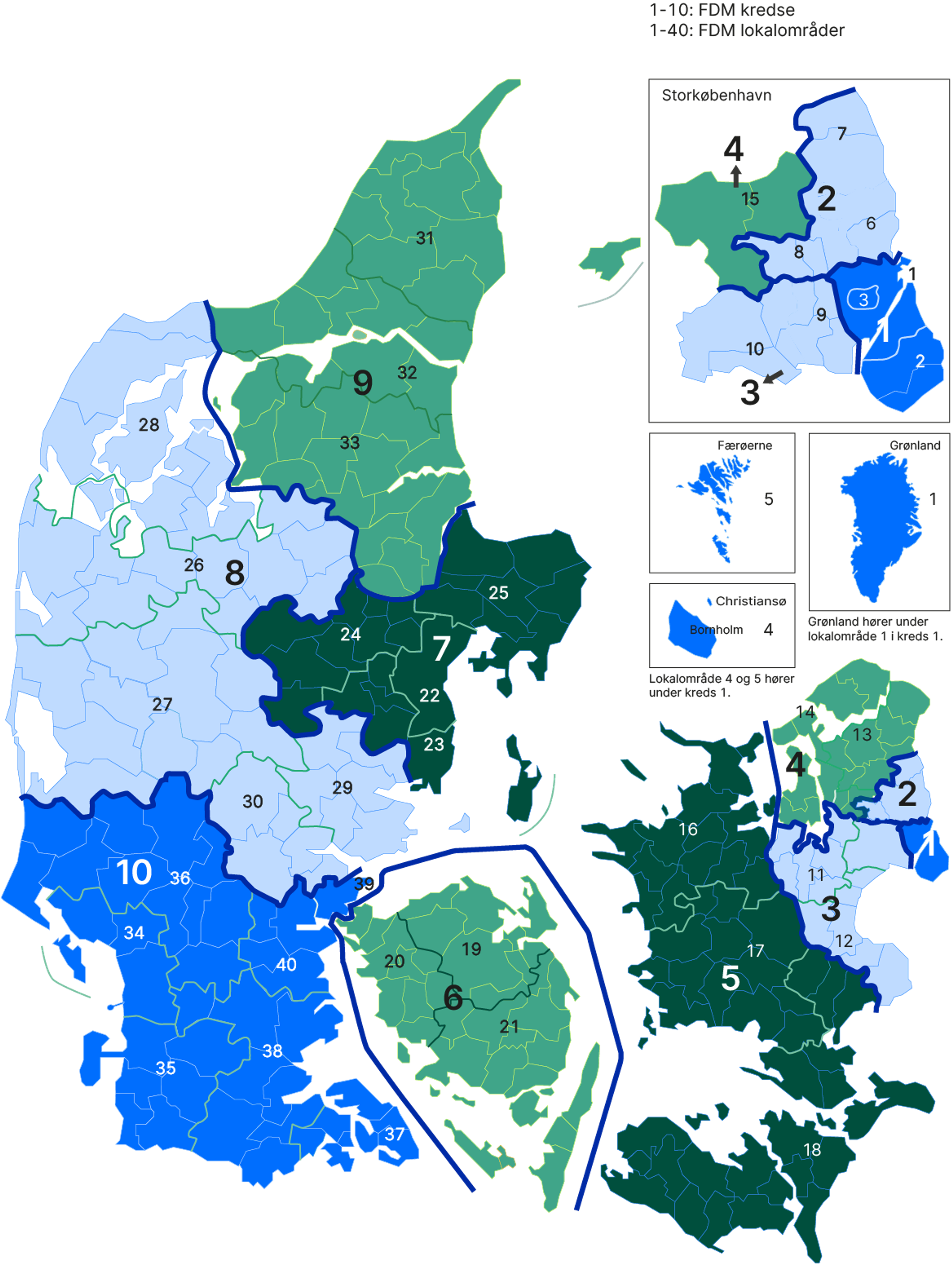 Danmarkskort med oversigt over FDM kredse og lokalområde