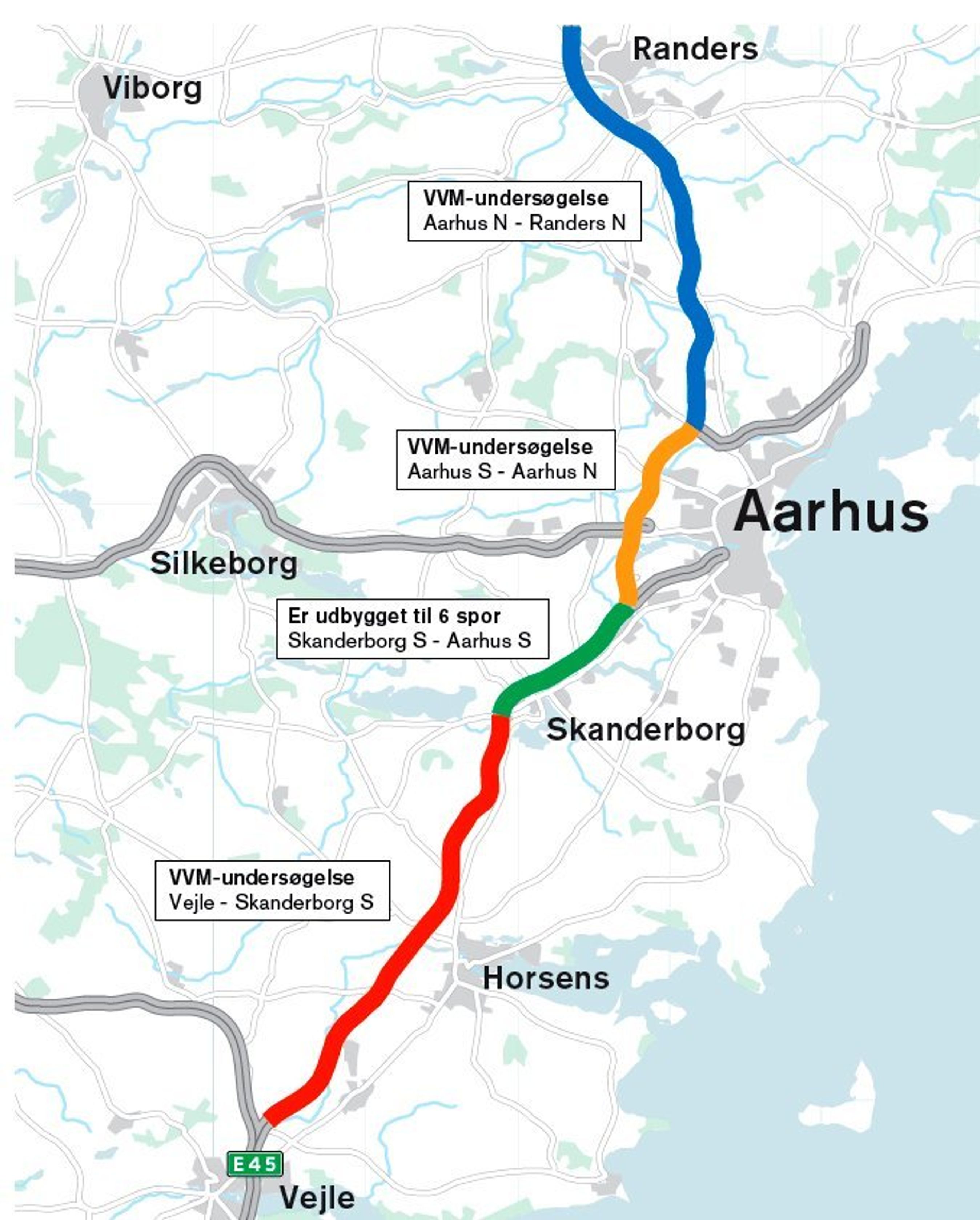Den centrale del af E45 i Østjylland, der trænger til udvidelse.