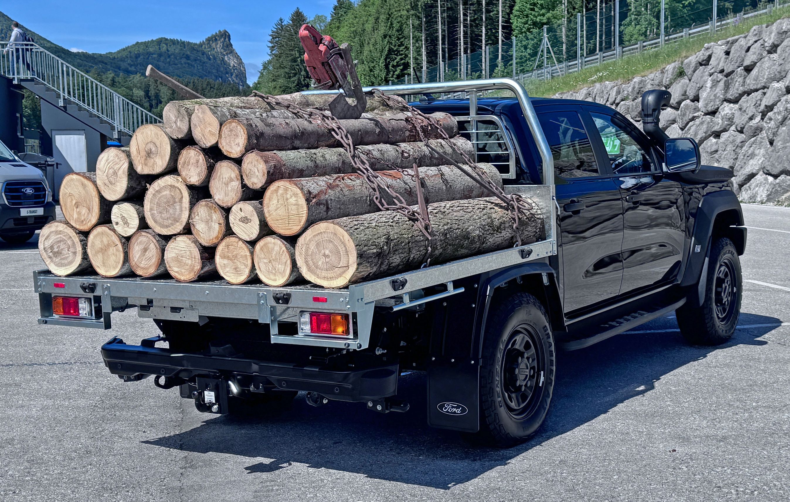 Ford Ranger med træstammer på ladet.