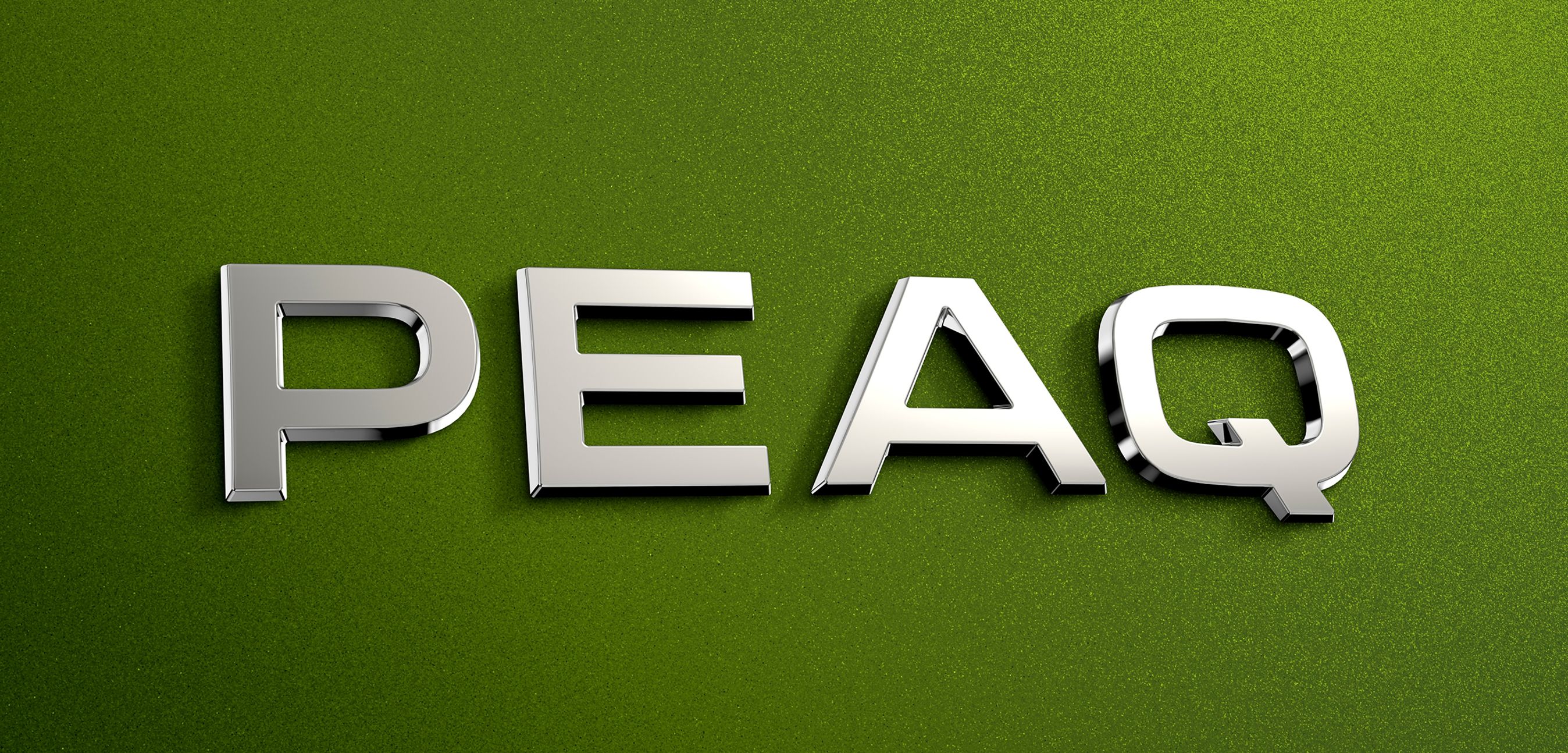 Ordet 'Peaq' på grøn bagggrund.