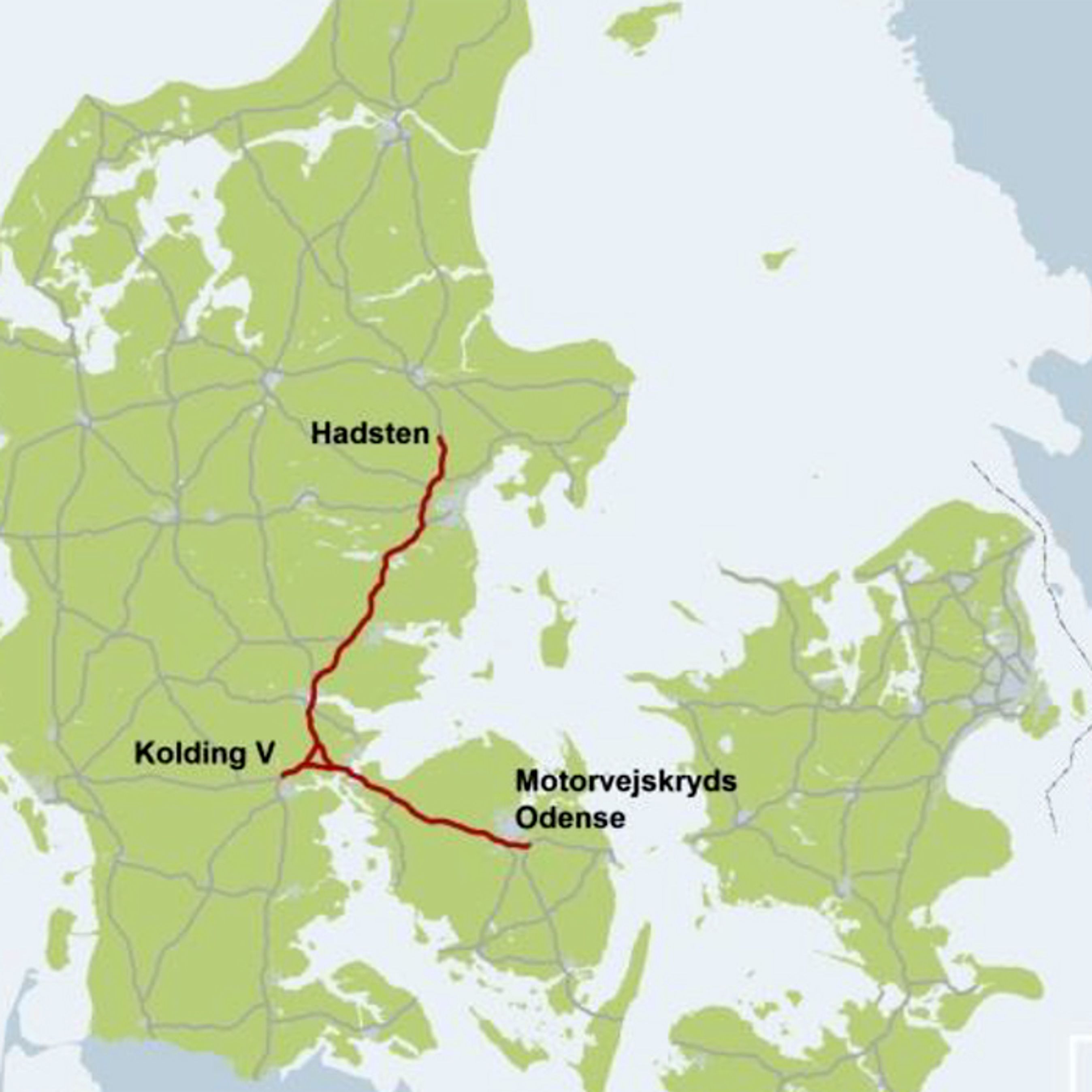 På denne strækning kommer der formentlig et forsøg med forbud mod 50 meter lange særtransporter i myldretiderne. Kort: Vejdirektoratet