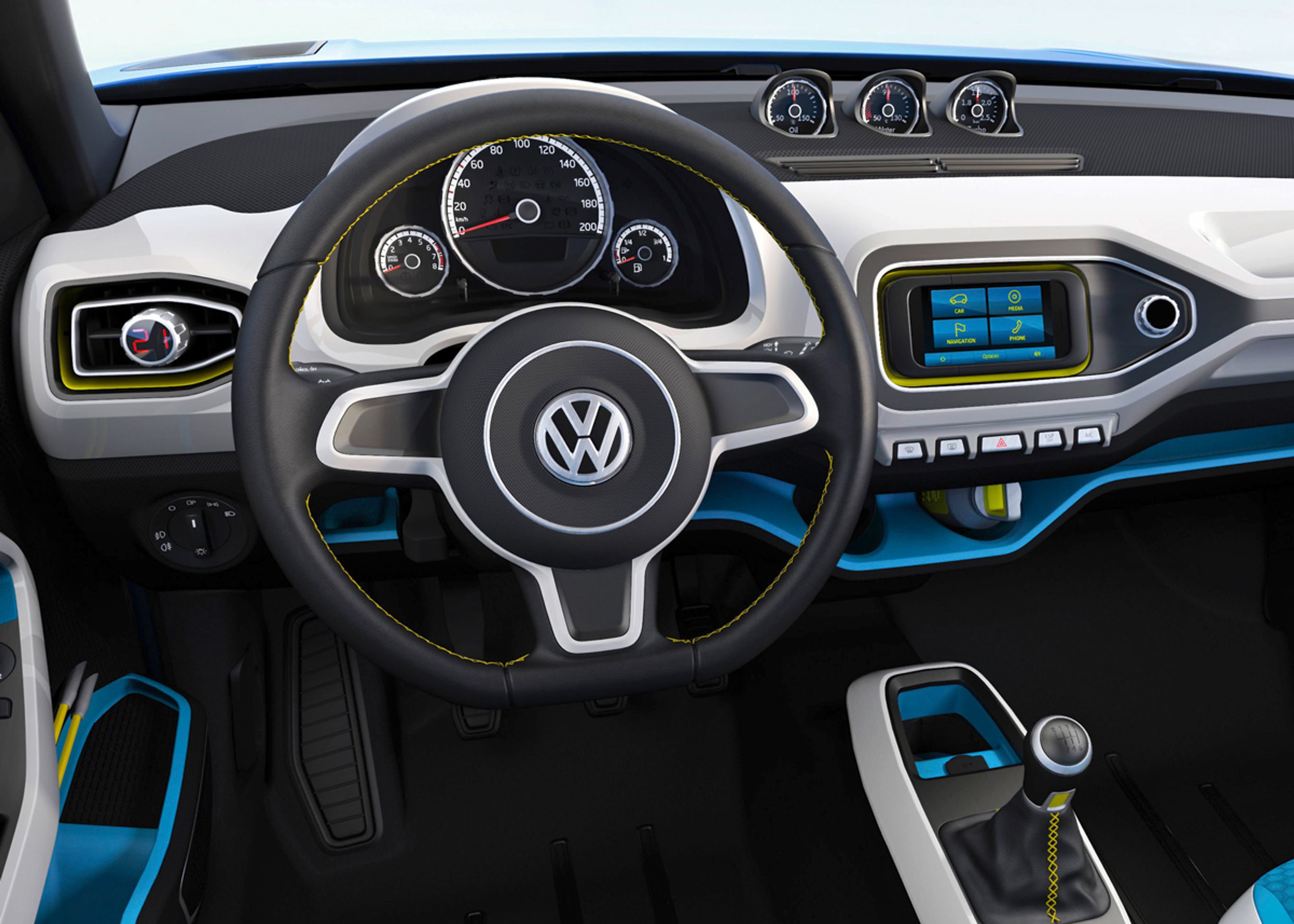 Ved førerpladsen i VW Taigun er der tydelig lighed med Up.