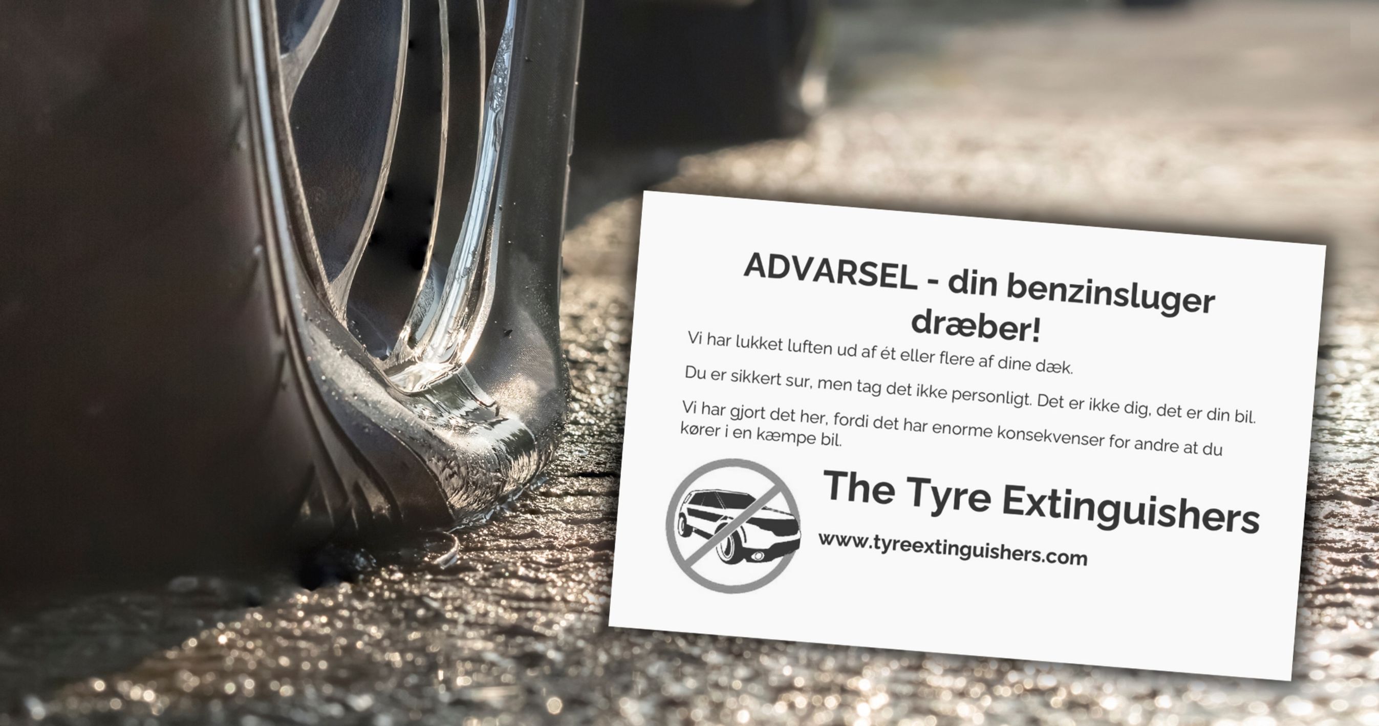 Punkteret dæk og et uddrag af flyer fra The Tyre Enxtinguishers