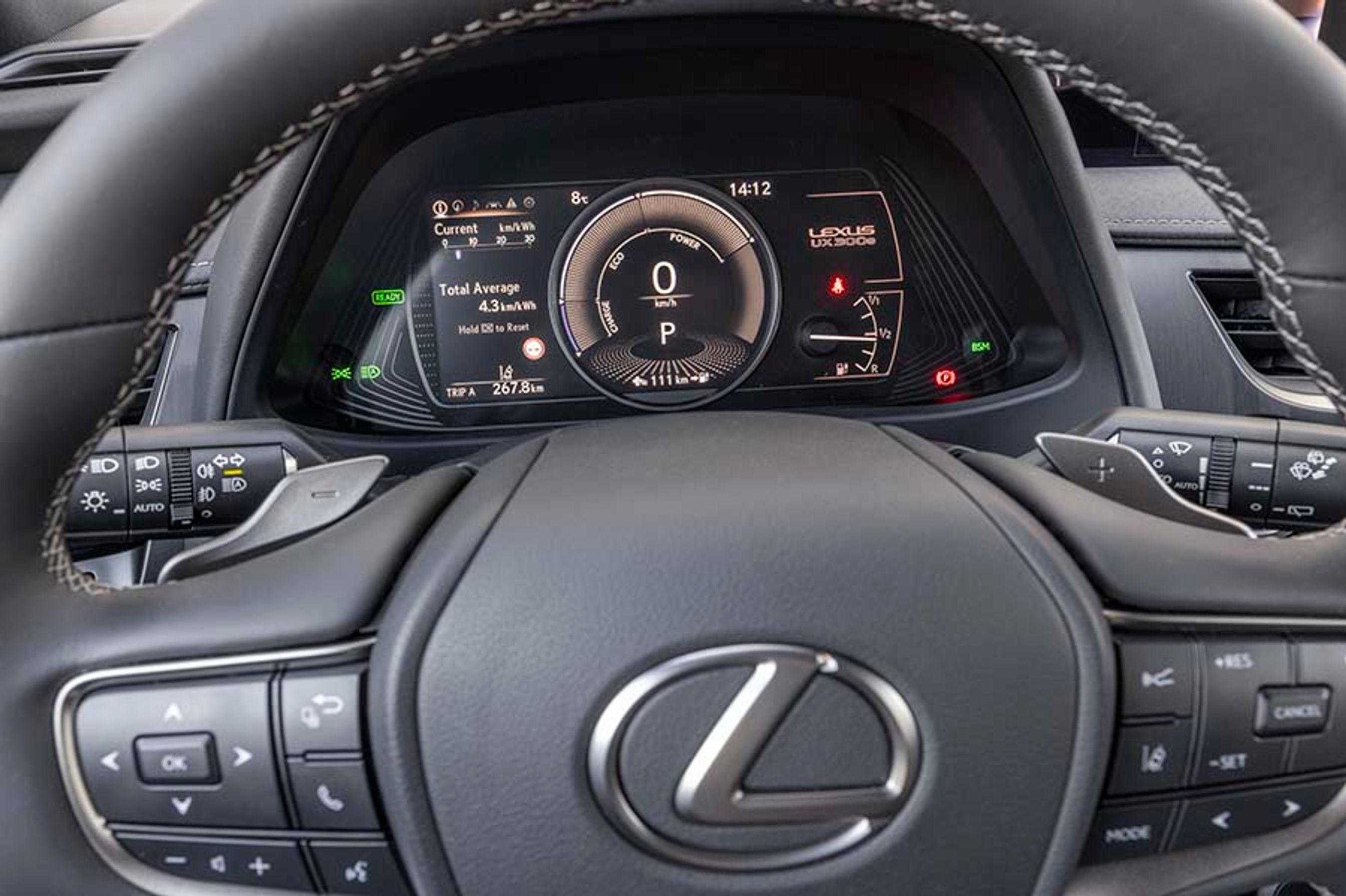 Instrumenthuset indeholder mange informationer, der til tider kan være lidt svære at finde rundt i. Bemærk den helt traditionelle „tankmåler“, der viser, hvor meget strøm der er tilbage på batteriet.