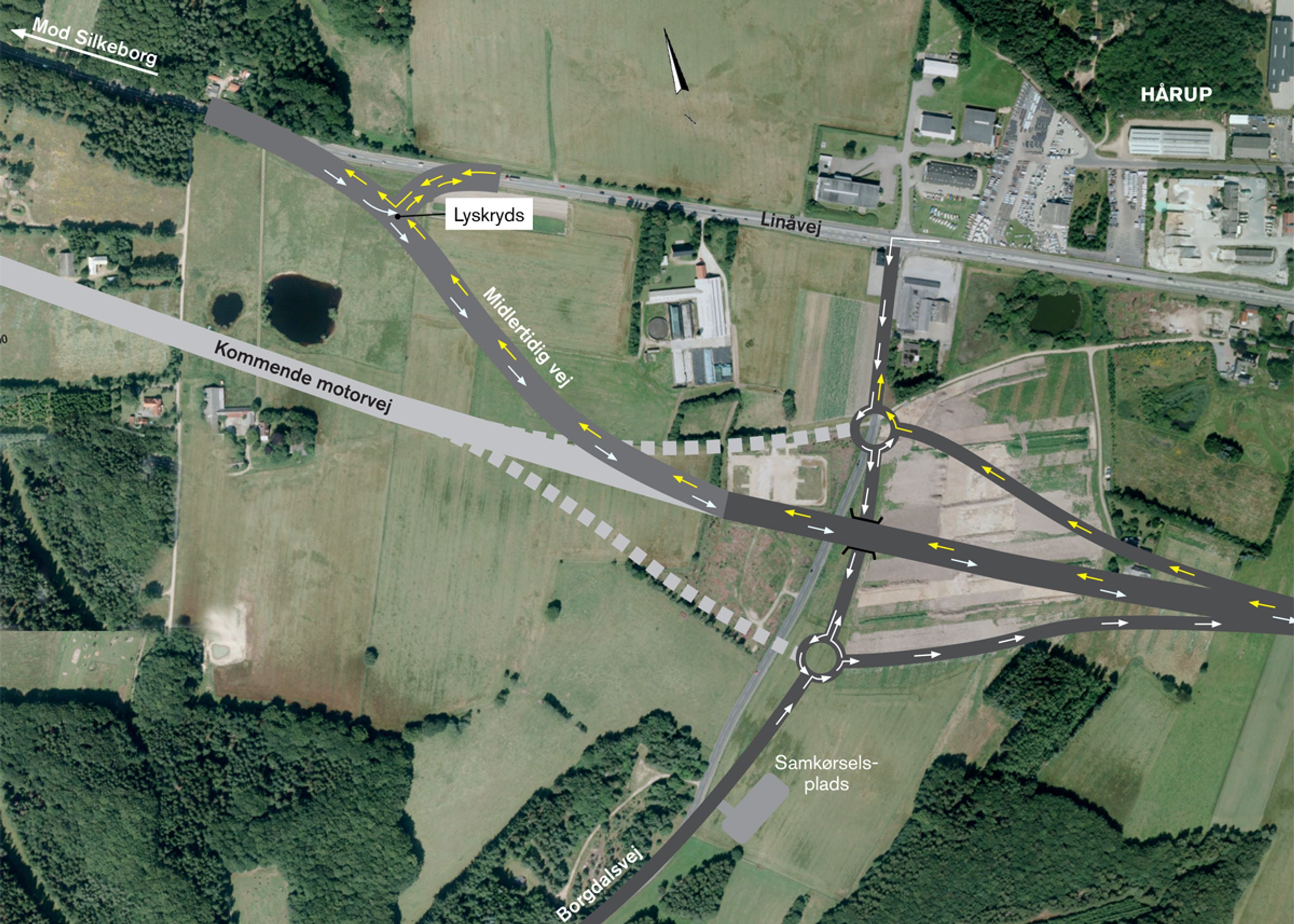 Når bilisterne fra sidst på året kommer til den vestlige afslutning af Herningmotorvejen, bliver de ledt direkte over til den gamle landevej. Oprindelig var planen, at trafikken skulle gå via den normale frakørsel. Illustration: Vejdirektoratet