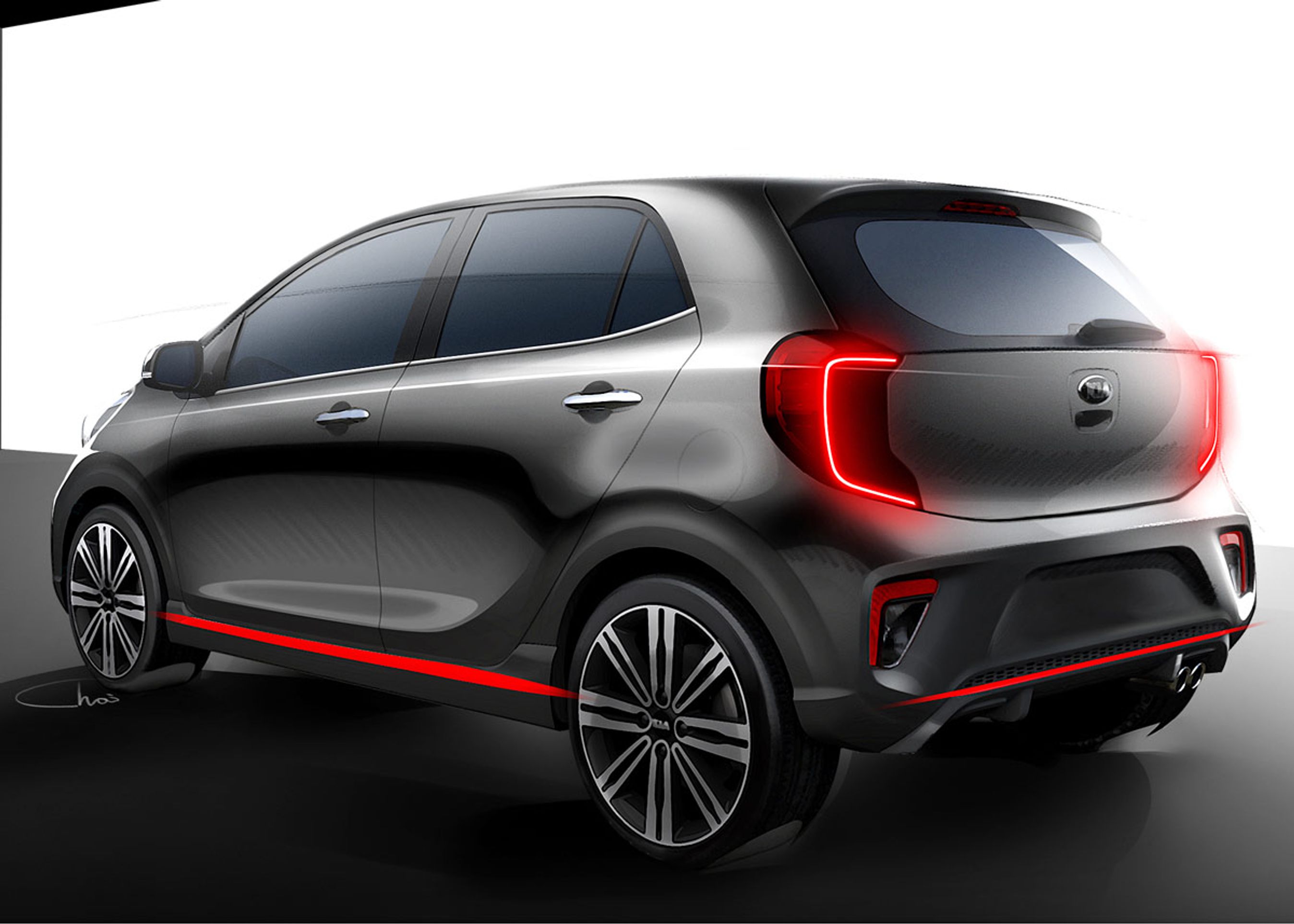 Den nye Kia Picanto ligner stadig en Picanto, men får et mere solidt udtryk, bl.a. med Kias nye baglygtedesign. Tegning: Kia