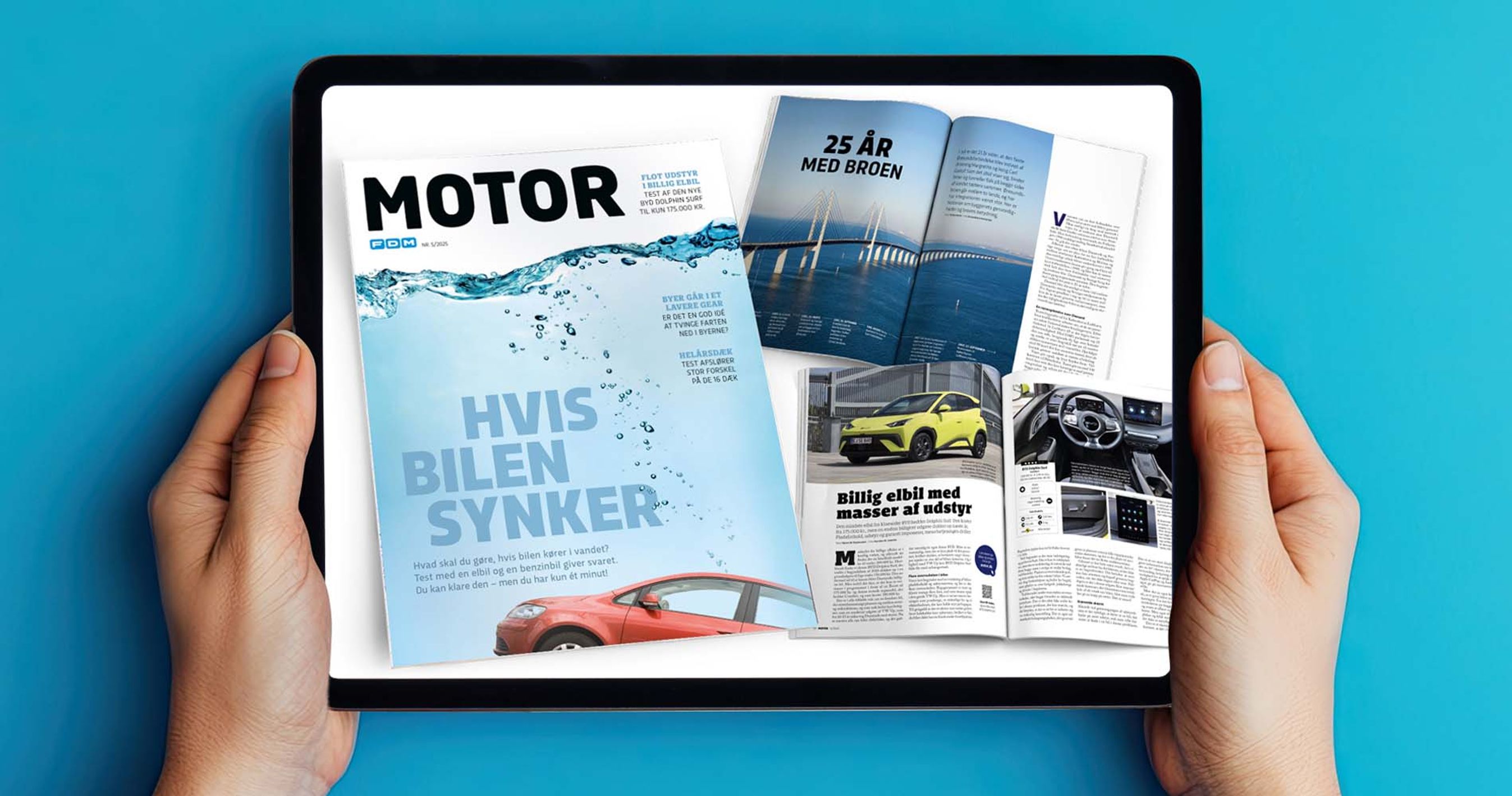Hænder holder iPad med sider fra Motor 5/2025