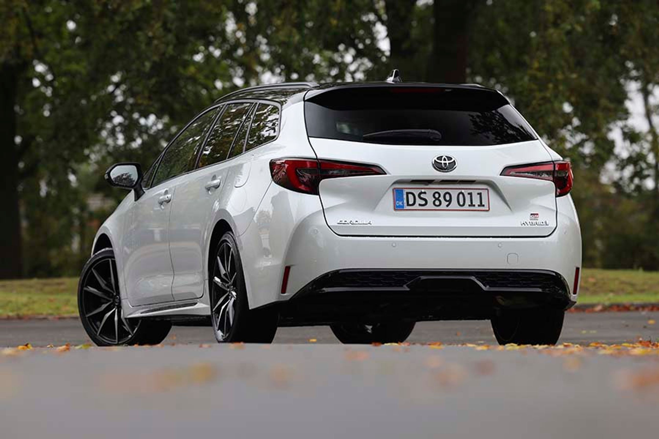 En hvid Toyota Corolla set bagfra, mens den holder foran træer