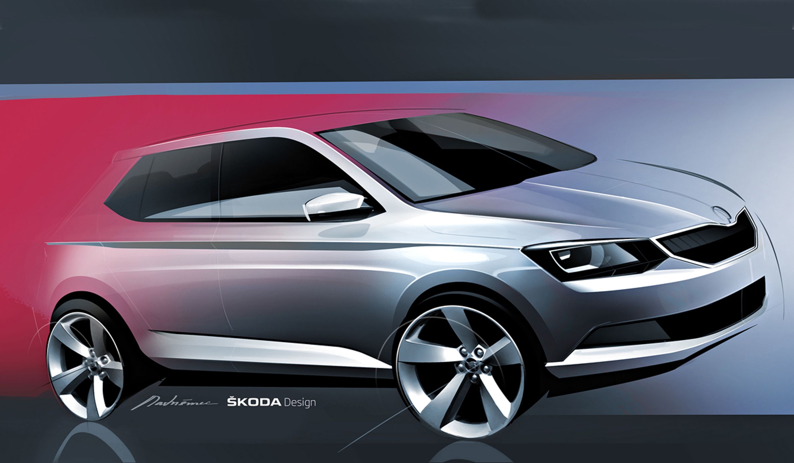 Designskitse af den ny Skoda Fabia. De nye proportioner fremgår tydeligt.